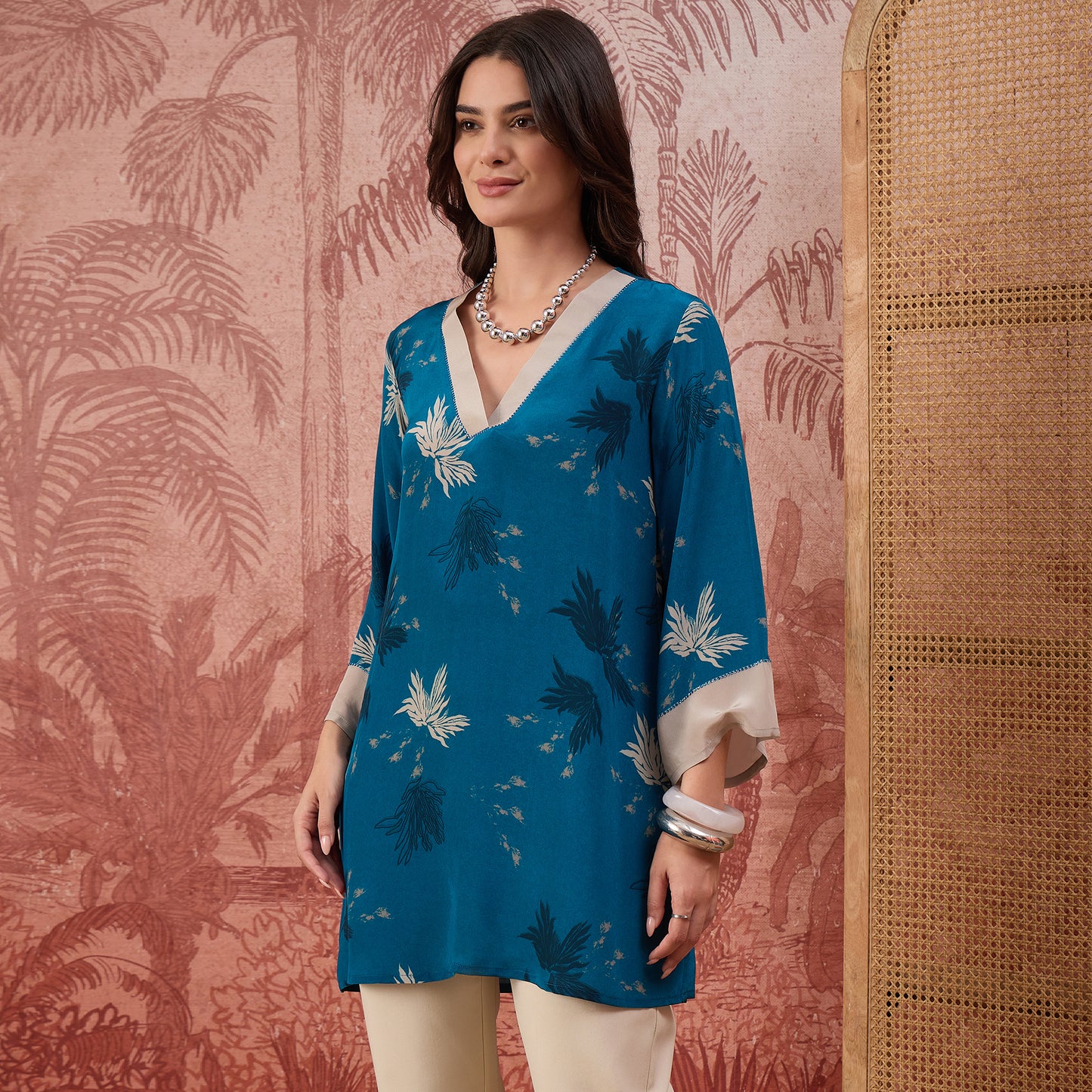 Navy Blue Marine Printed Crystal Embellished Top