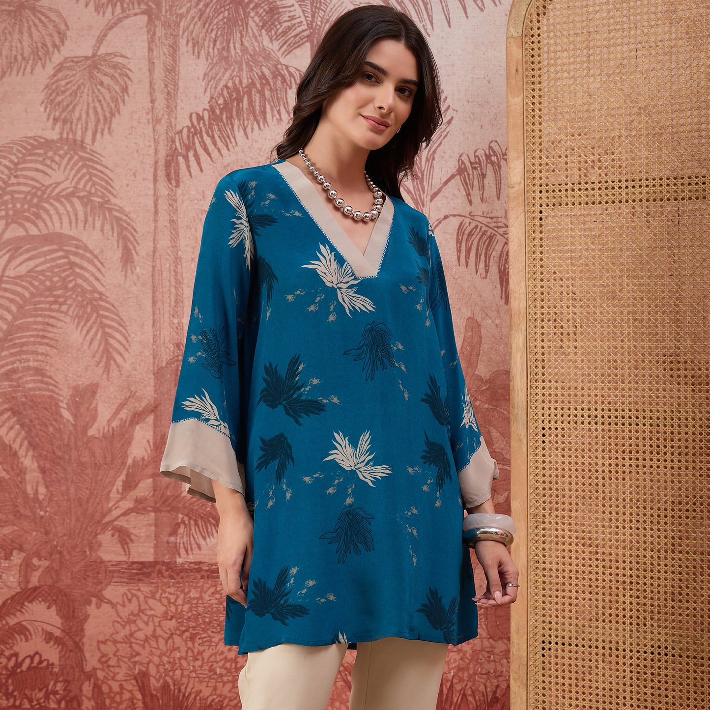 Navy Blue Marine Printed Crystal Embellished Top