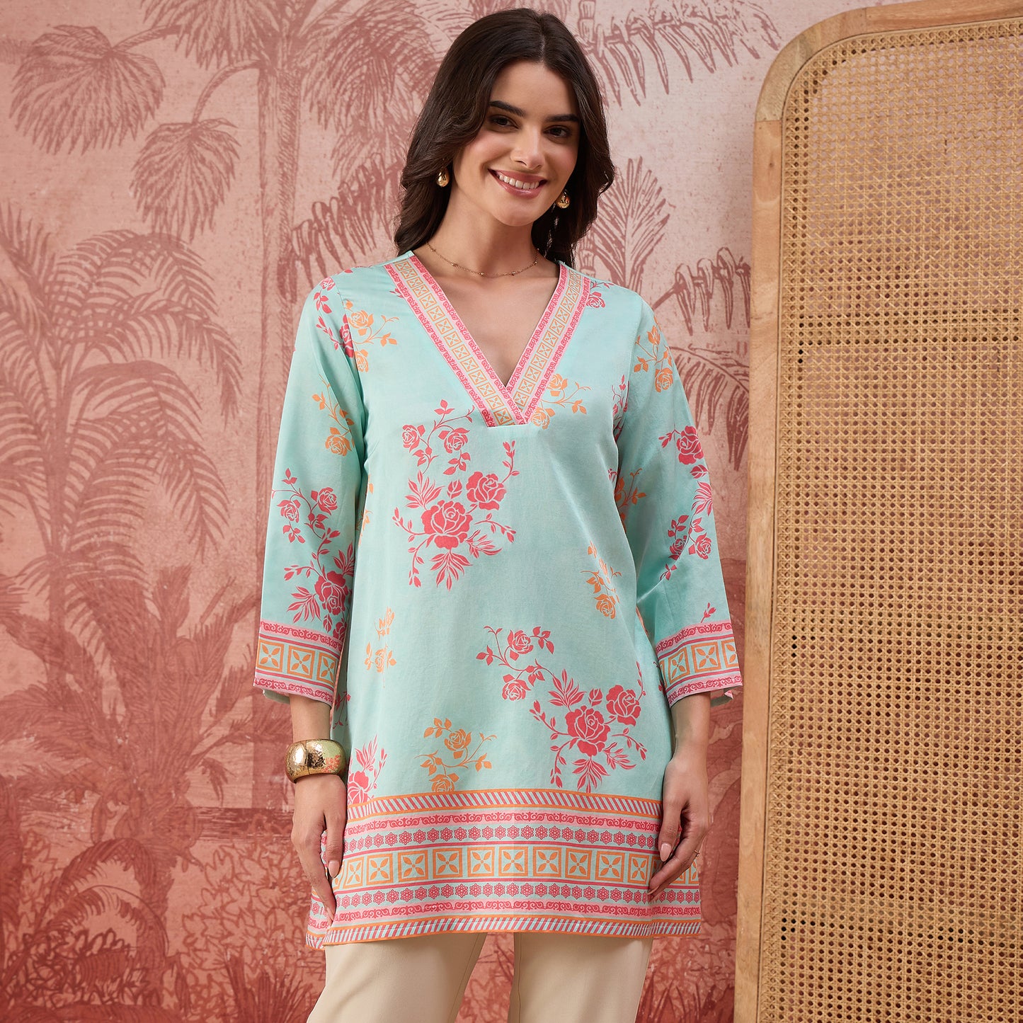 Blue and Pink Rose Printed Geometric Top