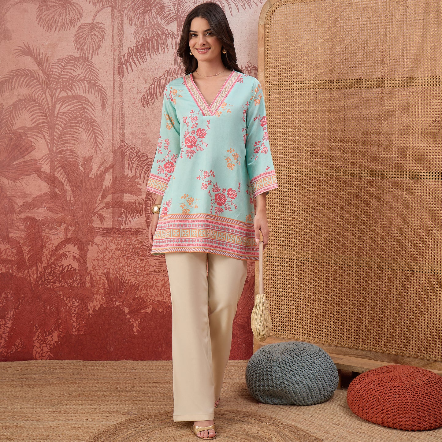 Blue and Pink Rose Printed Geometric Top