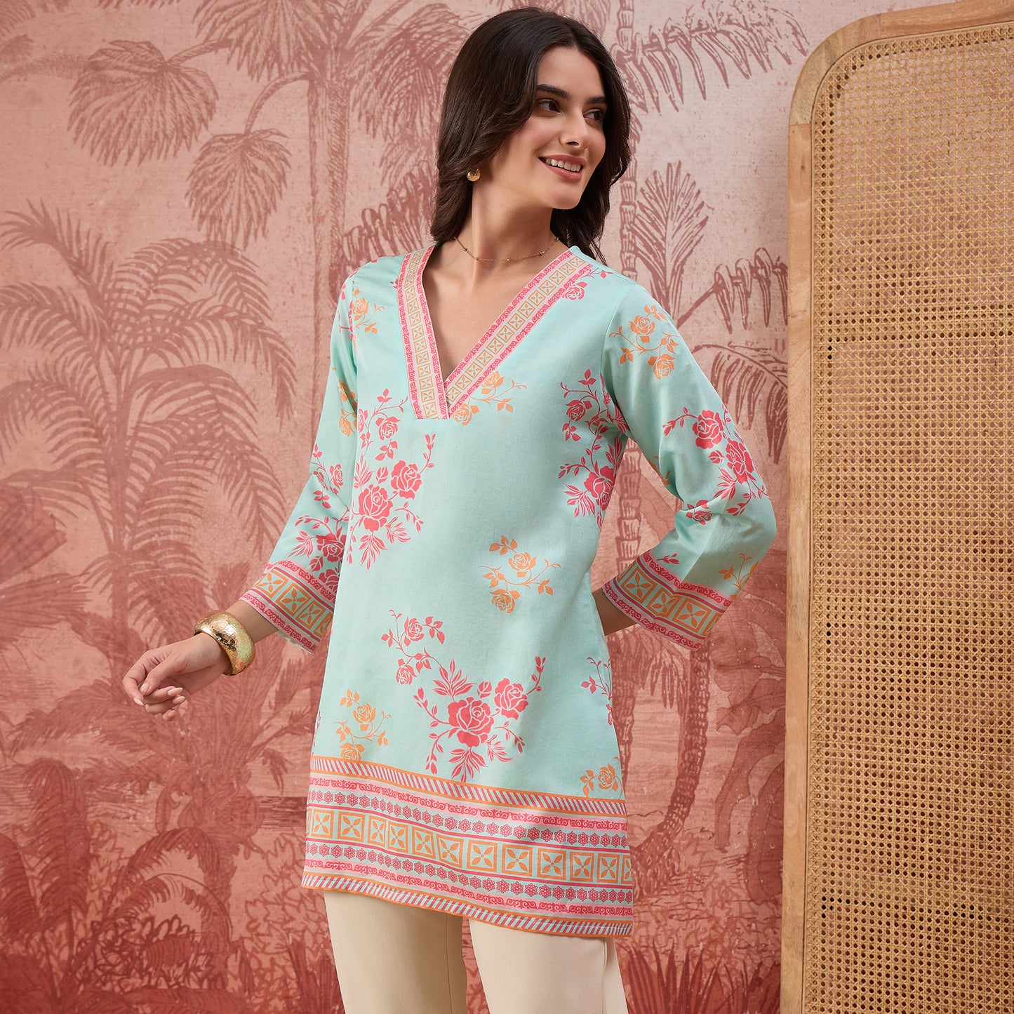 Blue and Pink Rose Printed Geometric Top