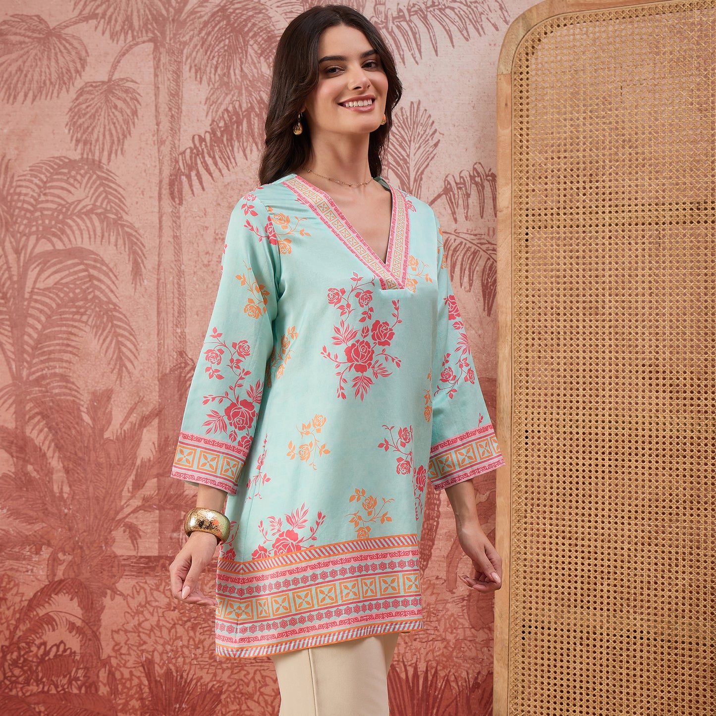 Blue and Pink Rose Printed Geometric Top