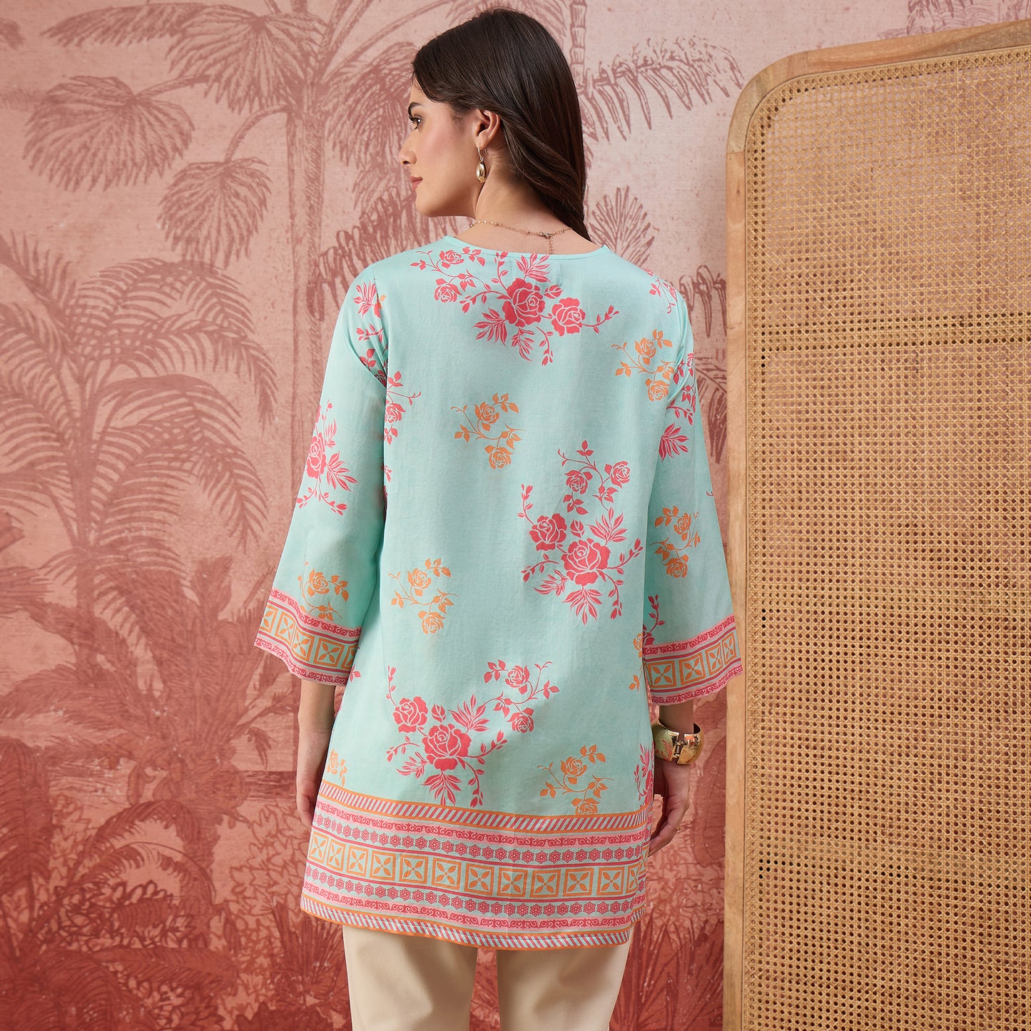 Blue and Pink Rose Printed Geometric Top