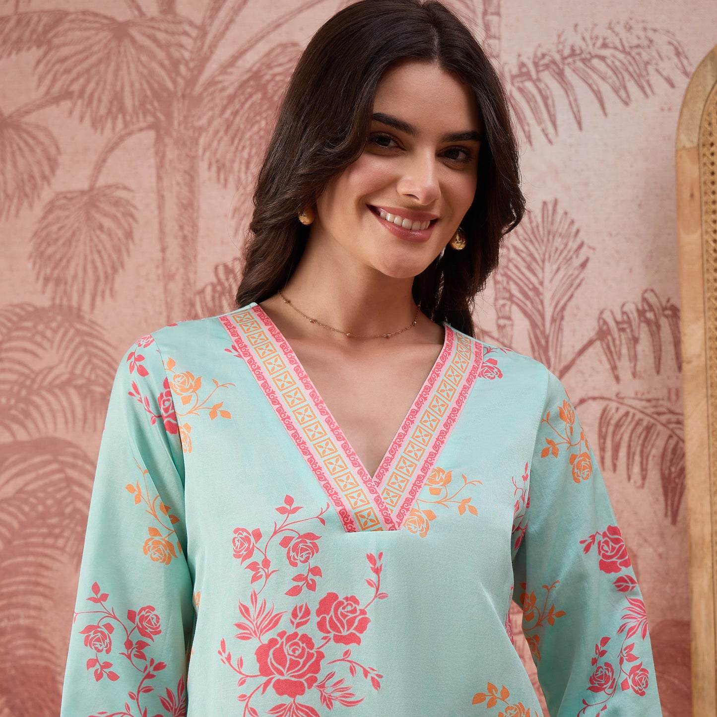 Blue and Pink Rose Printed Geometric Top