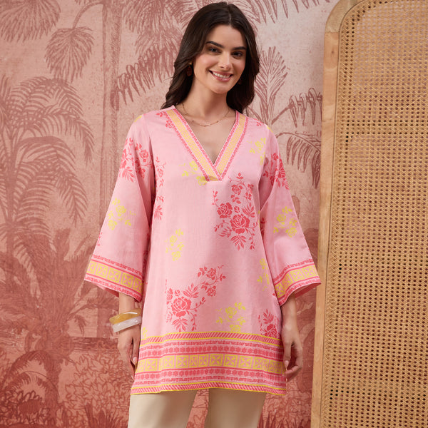 Pink and Yellow Rose Printed Geometric Top