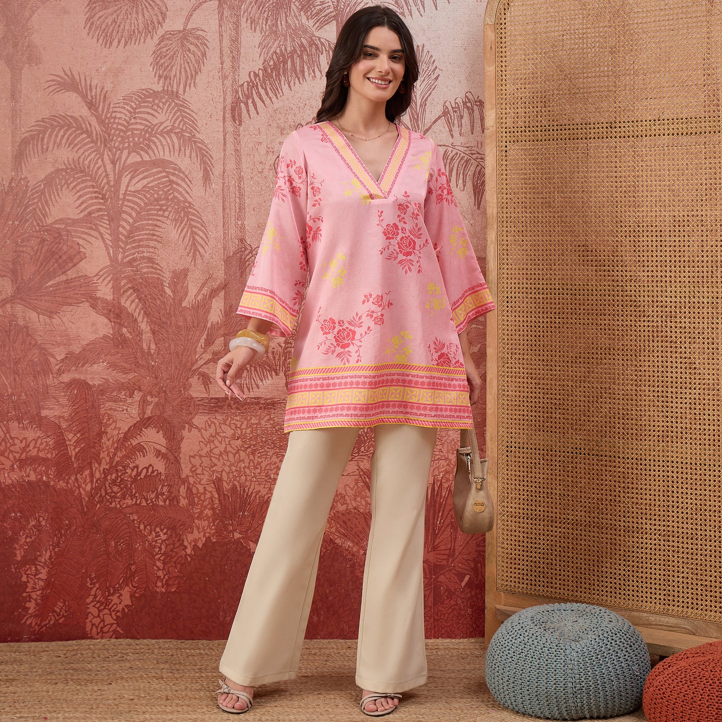 Pink and Yellow Rose Printed Geometric Top