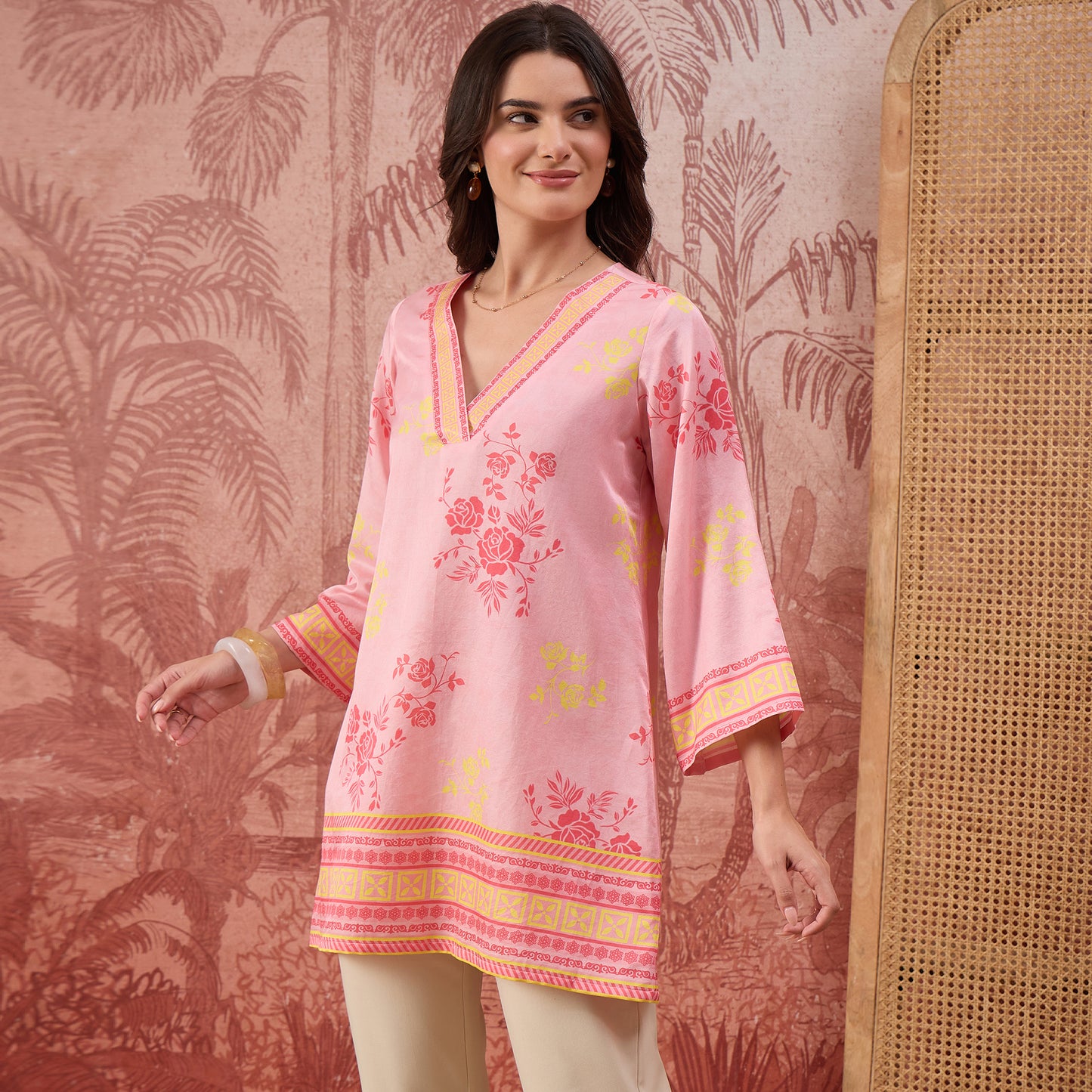 Pink and Yellow Rose Printed Geometric Top