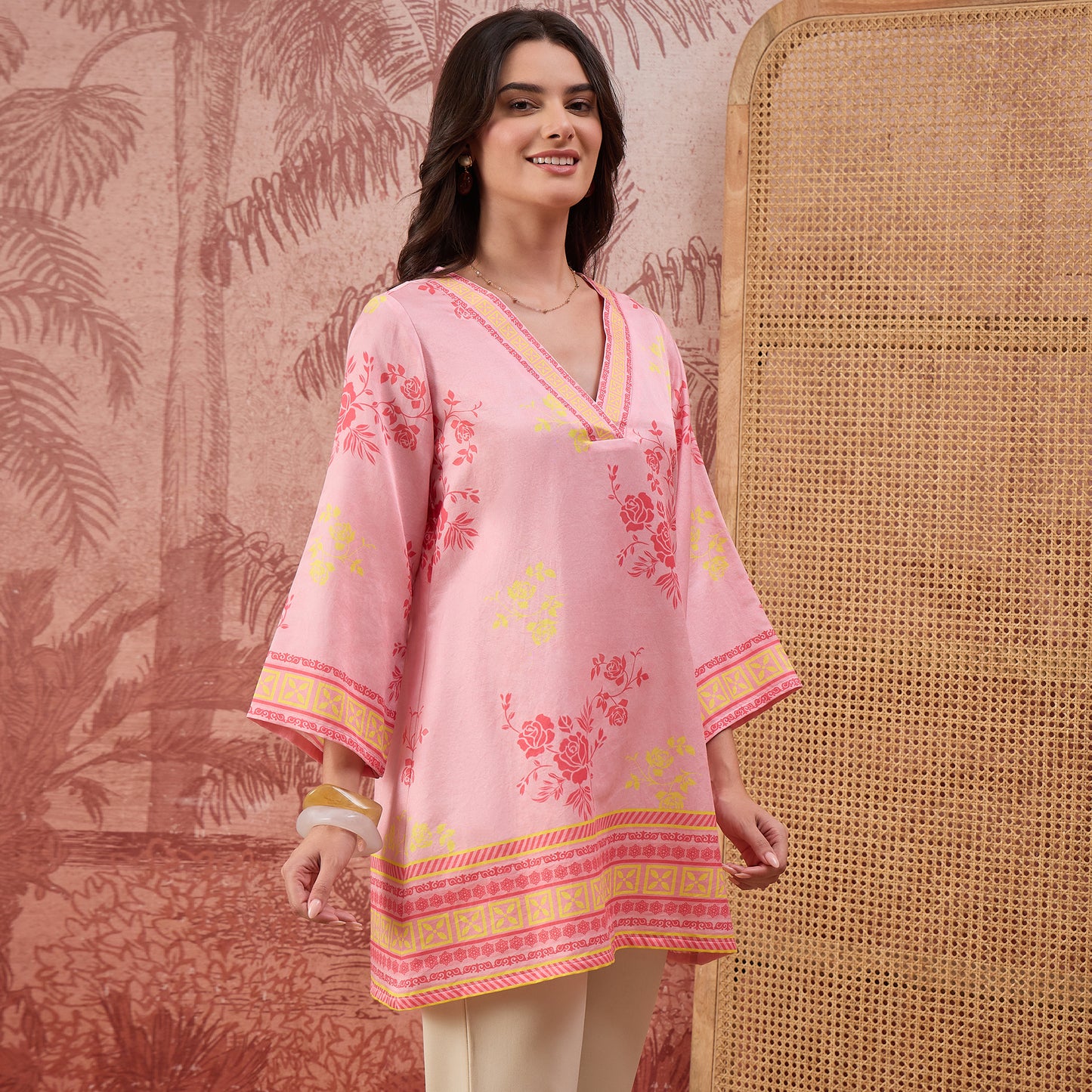 Pink and Yellow Rose Printed Geometric Top