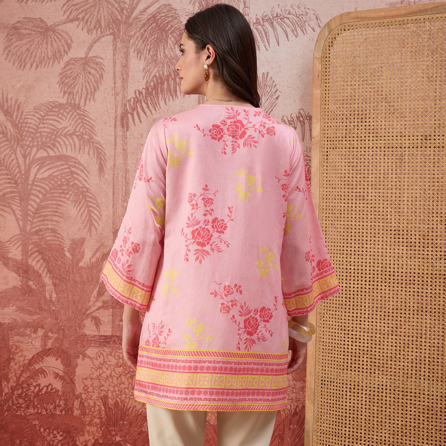 Pink and Yellow Rose Printed Geometric Top