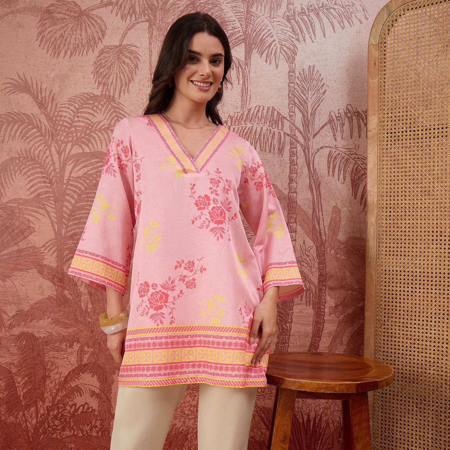 Pink and Yellow Rose Printed Geometric Top