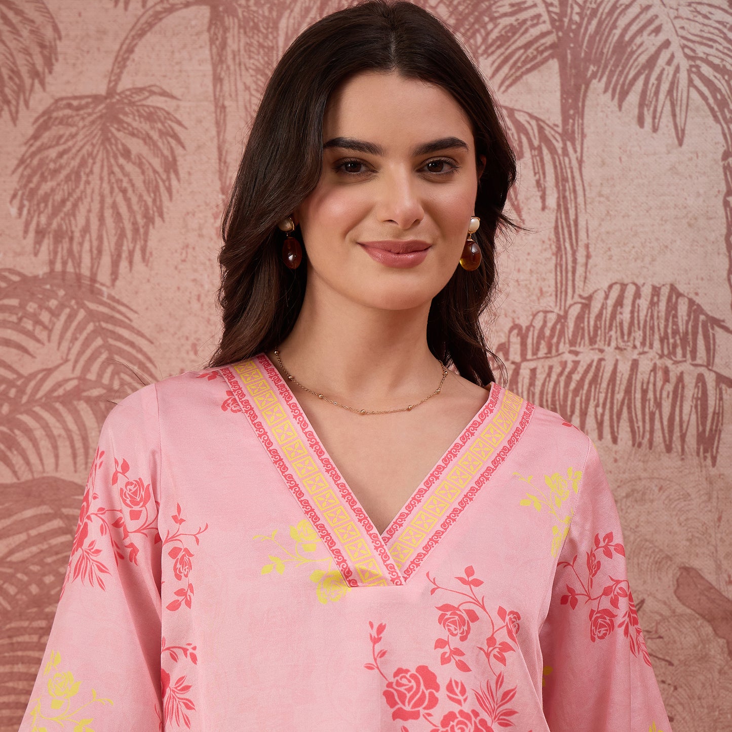 Pink and Yellow Rose Printed Geometric Top