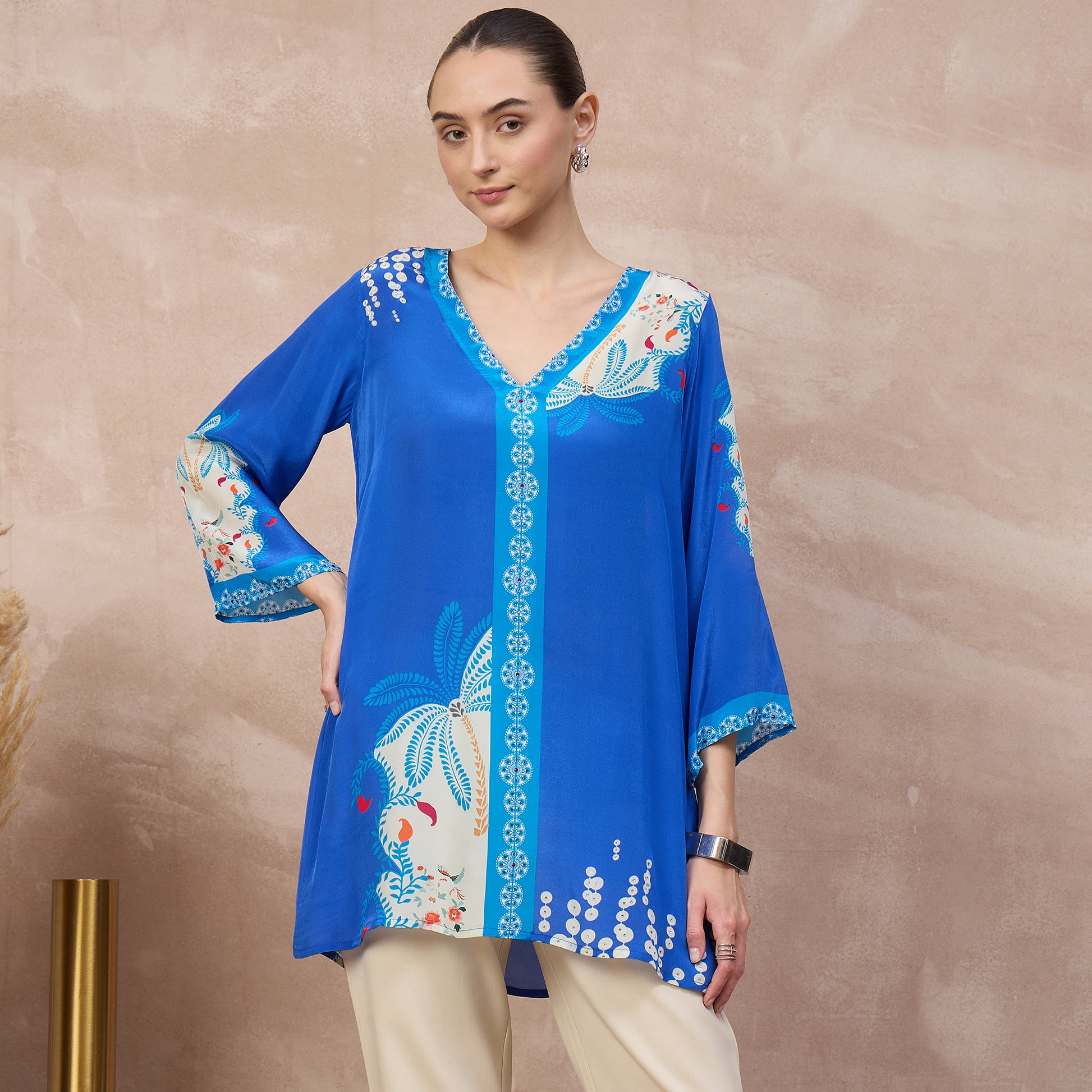Cobalt Blue Floral Print Top for Women – Viscose Crepe | First Resort by Ramola Bachchan