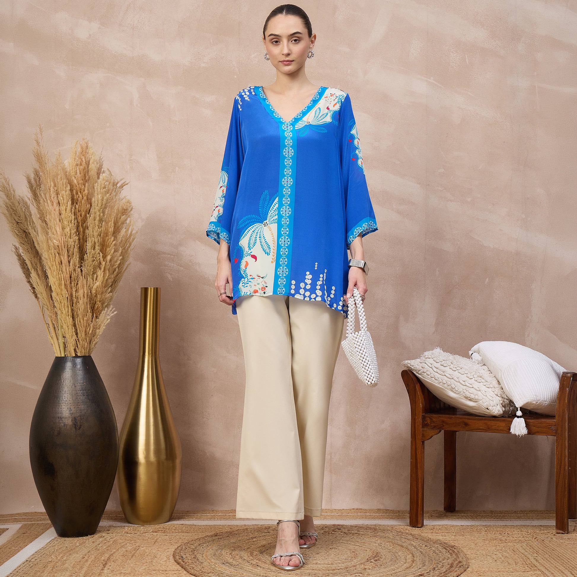 Cobalt Blue Floral Print Top for Women – Viscose Crepe – Front View | First Resort by Ramola Bachchan