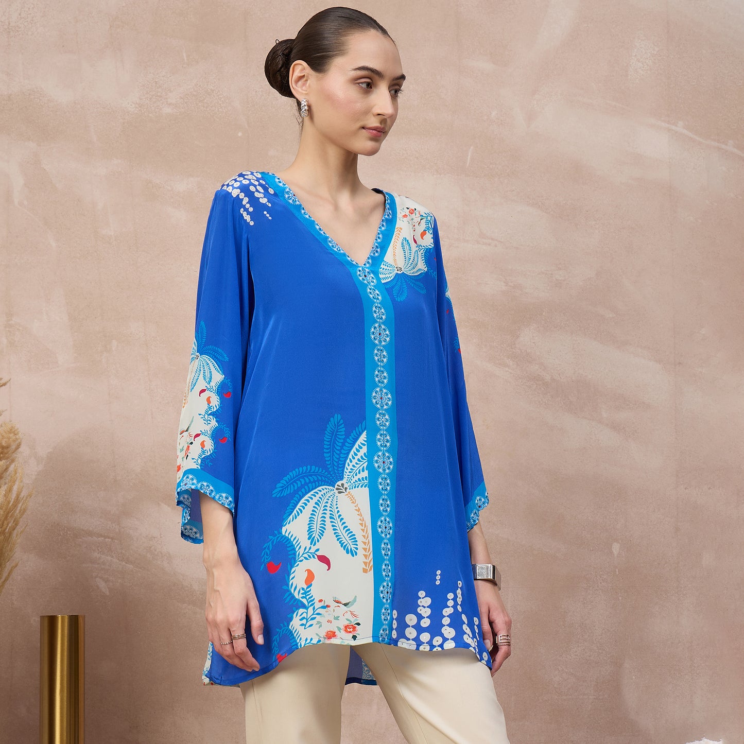 Cobalt Blue Floral Print Top for Women – Viscose Crepe – Model View | First Resort by Ramola Bachchan
