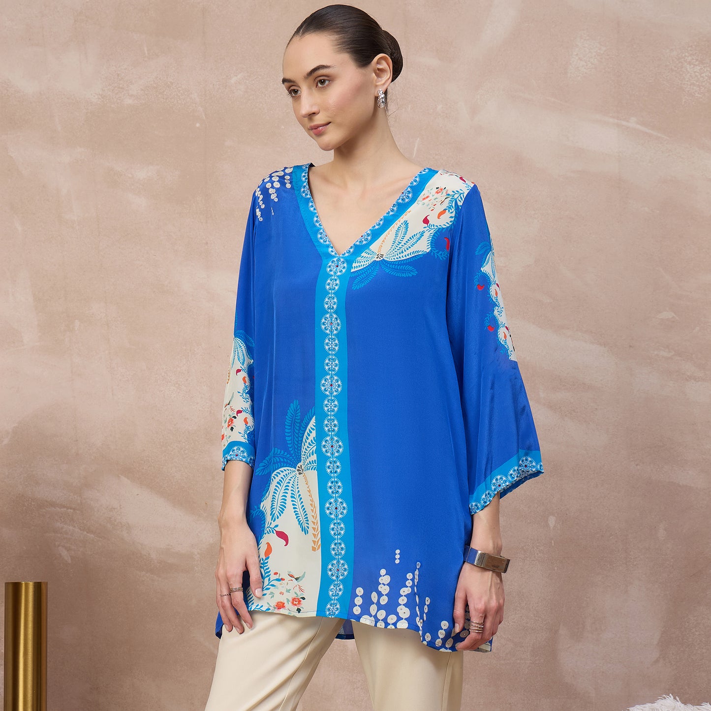 Cobalt Blue Floral Print Top for Women – Viscose Crepe – Side View | First Resort by Ramola Bachchan
