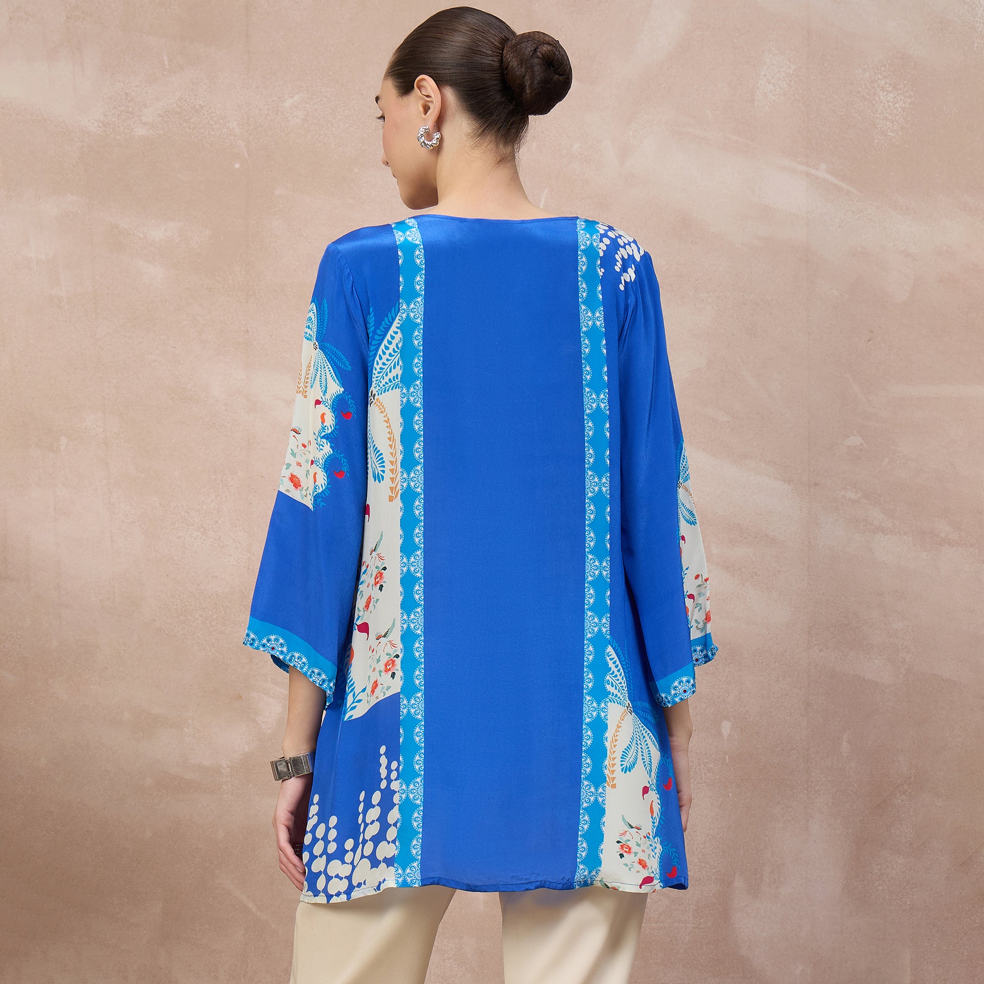Cobalt Blue Floral Print Top for Women – Viscose Crepe – Detail View | First Resort by Ramola Bachchan