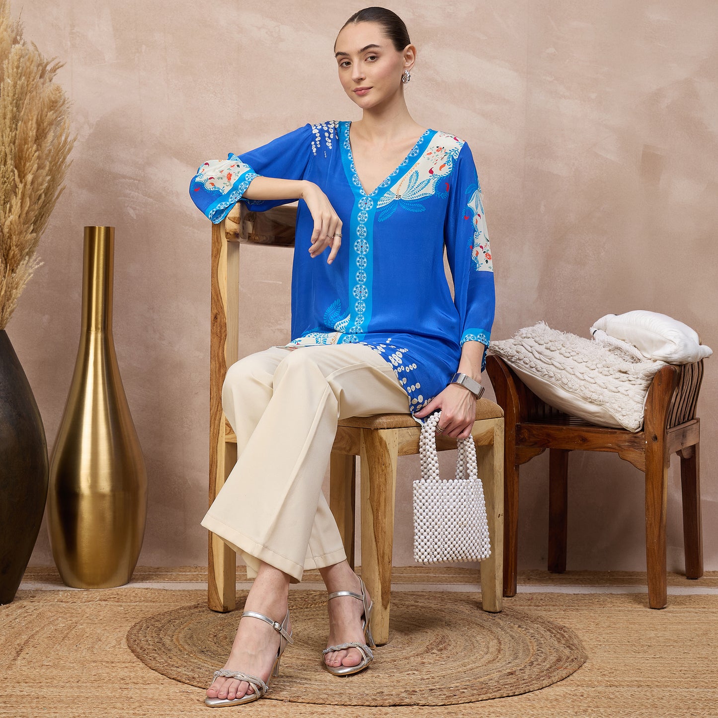 Cobalt Blue Floral Print Top for Women – Viscose Crepe – Back View | First Resort by Ramola Bachchan
