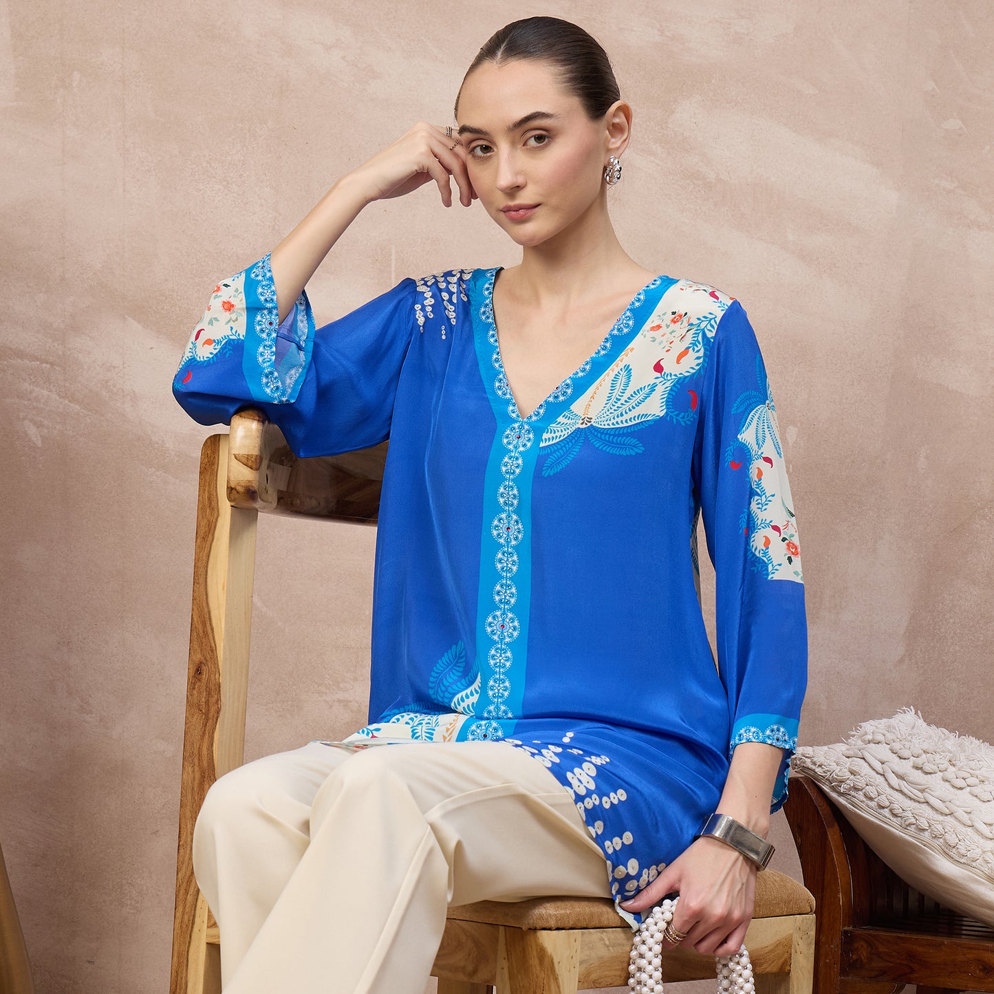 Cobalt Blue Floral Print Top for Women – Viscose Crepe – Close Up | First Resort by Ramola Bachchan