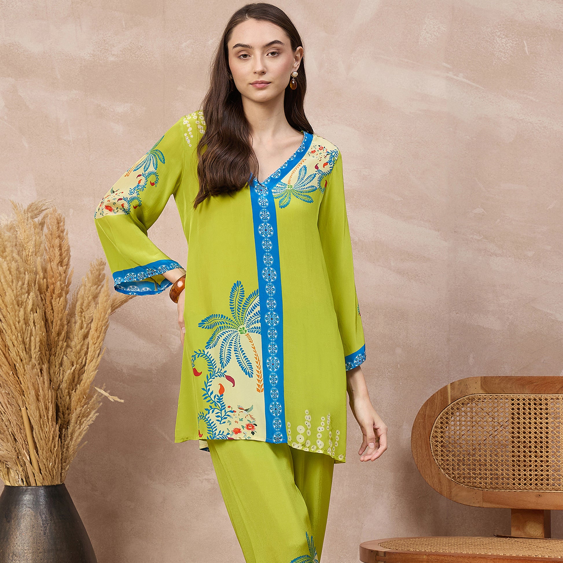 Lime Green Floral Print Top for Women – Viscose Crepe | First Resort by Ramola Bachchan