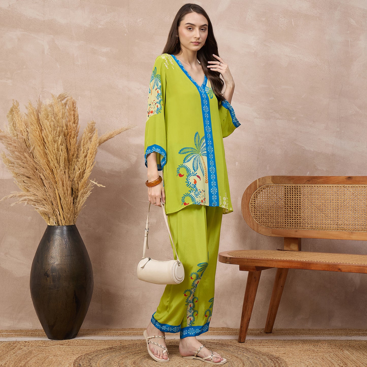 Lime Green Floral Print Top for Women – Viscose Crepe – Front View | First Resort by Ramola Bachchan