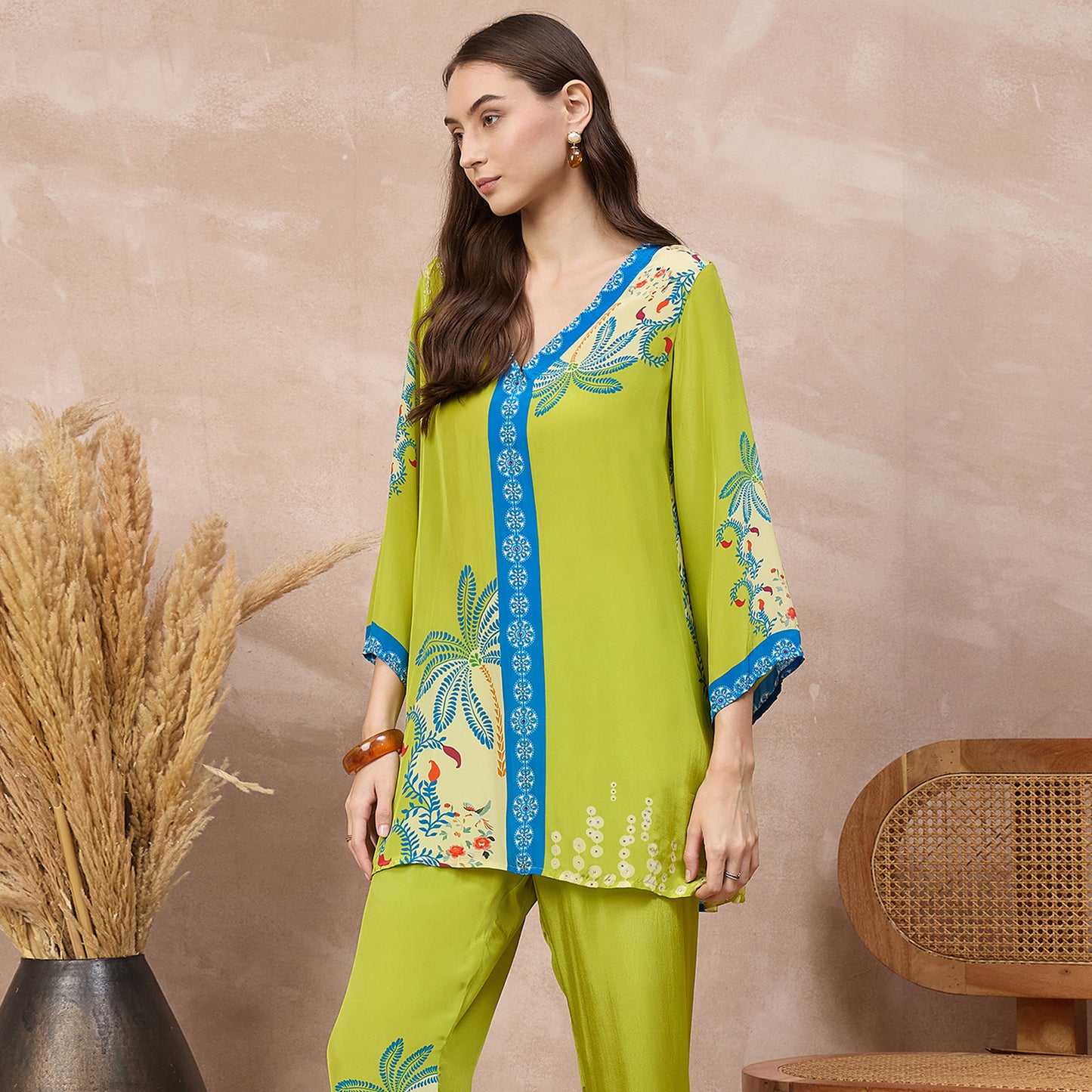 Lime Green Floral Print Top for Women – Viscose Crepe – Model View | First Resort by Ramola Bachchan