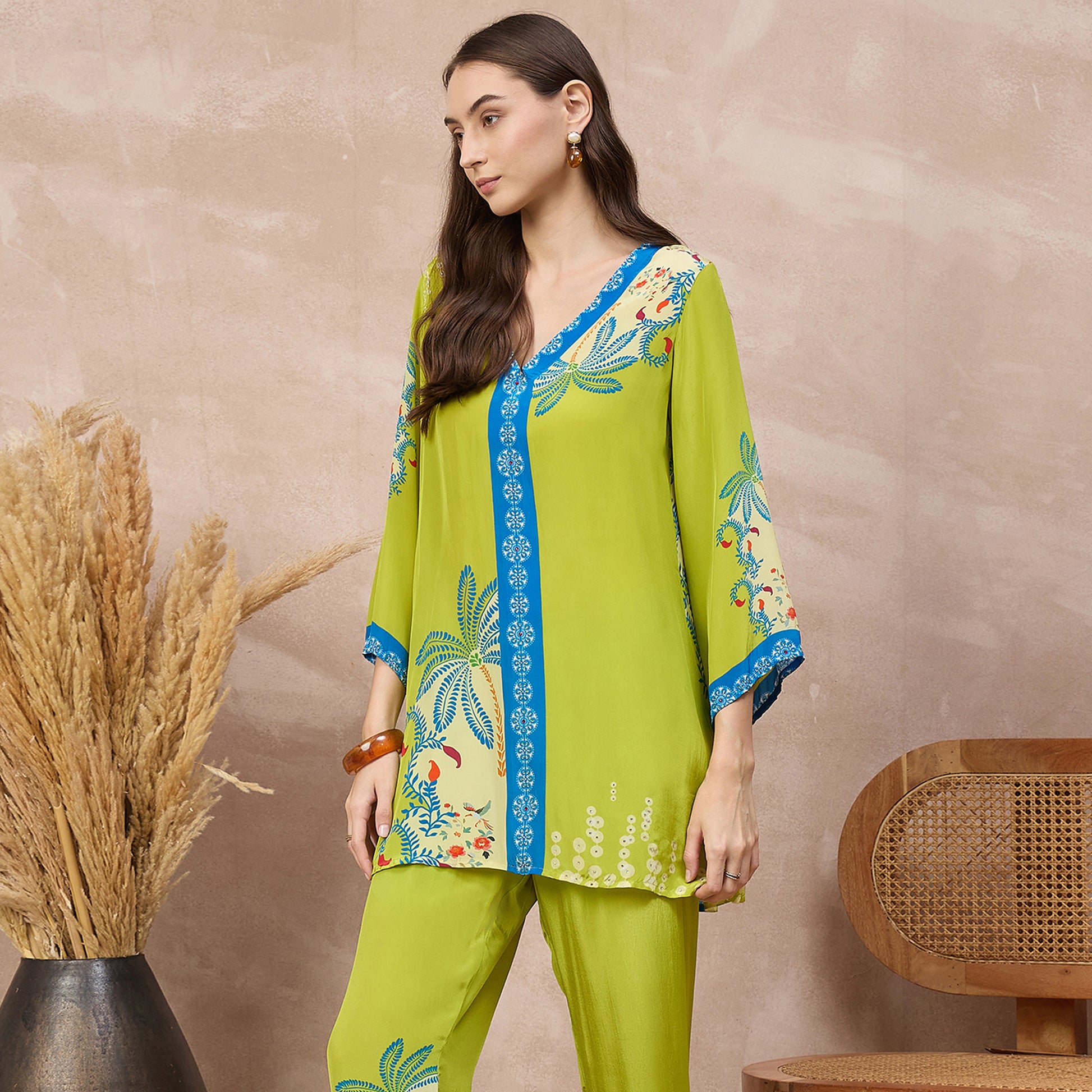 Lime Green Floral Print Top for Women – Viscose Crepe – Model View | First Resort by Ramola Bachchan
