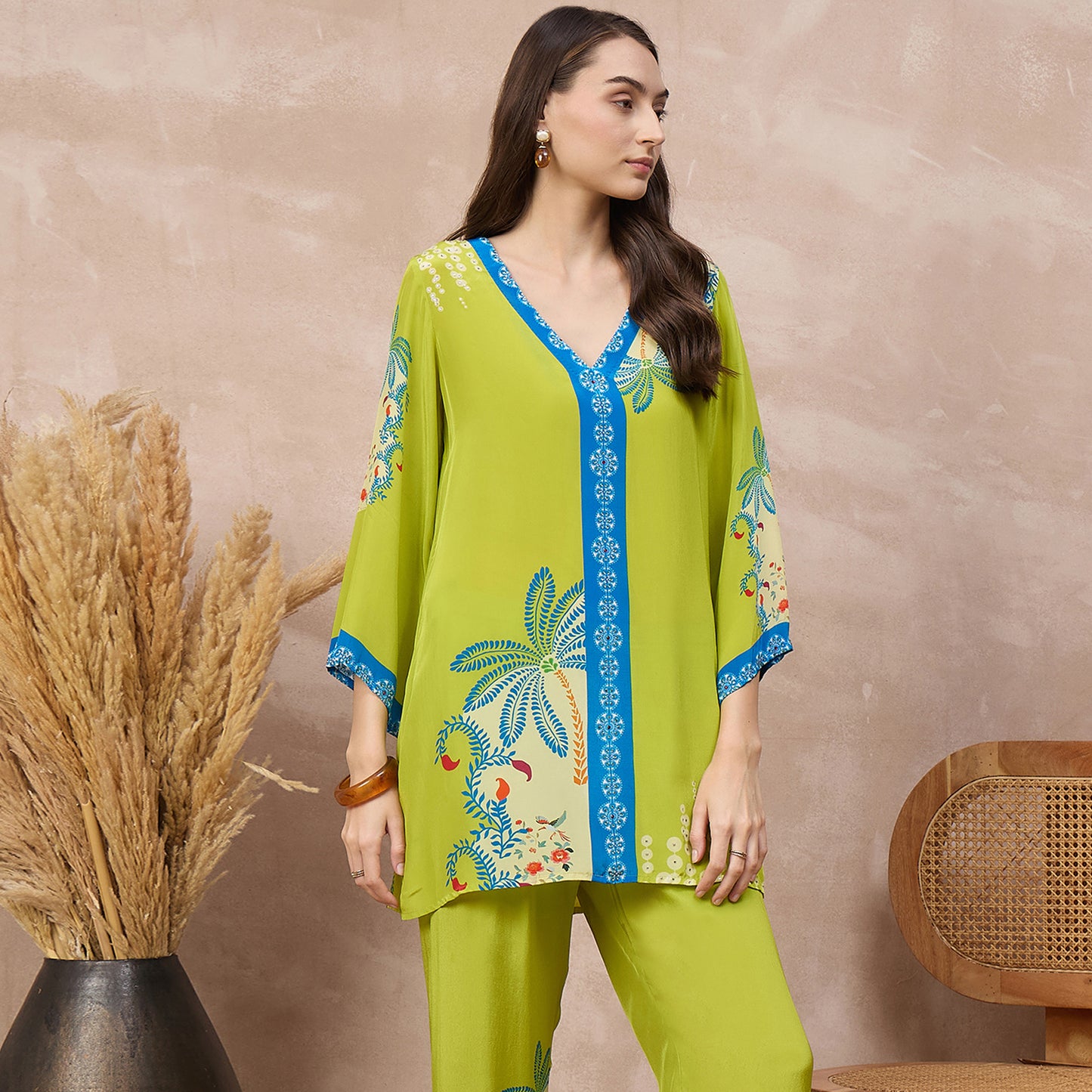 Lime Green Floral Print Top for Women – Viscose Crepe – Side View | First Resort by Ramola Bachchan