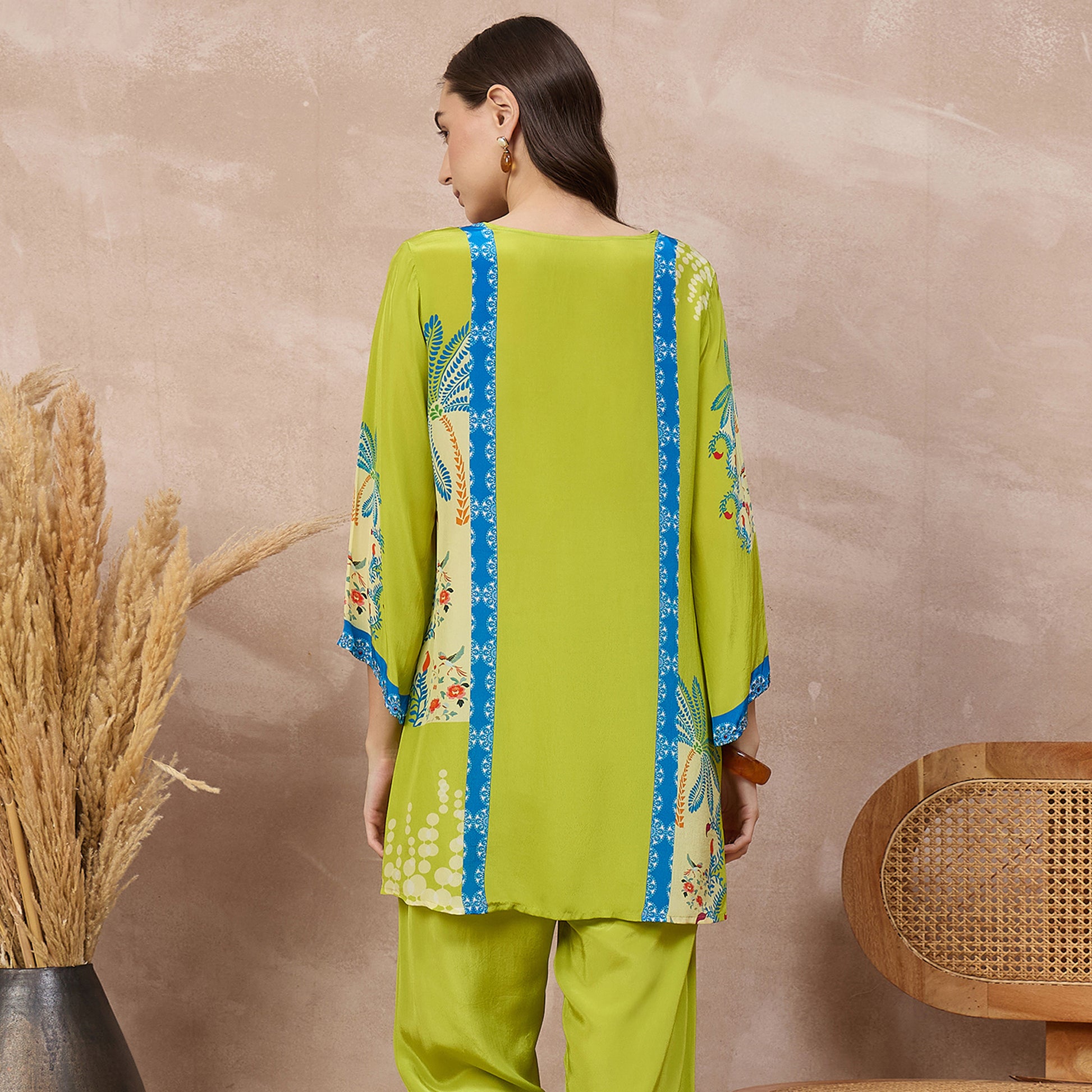 Lime Green Floral Print Top for Women – Viscose Crepe – Detail View | First Resort by Ramola Bachchan