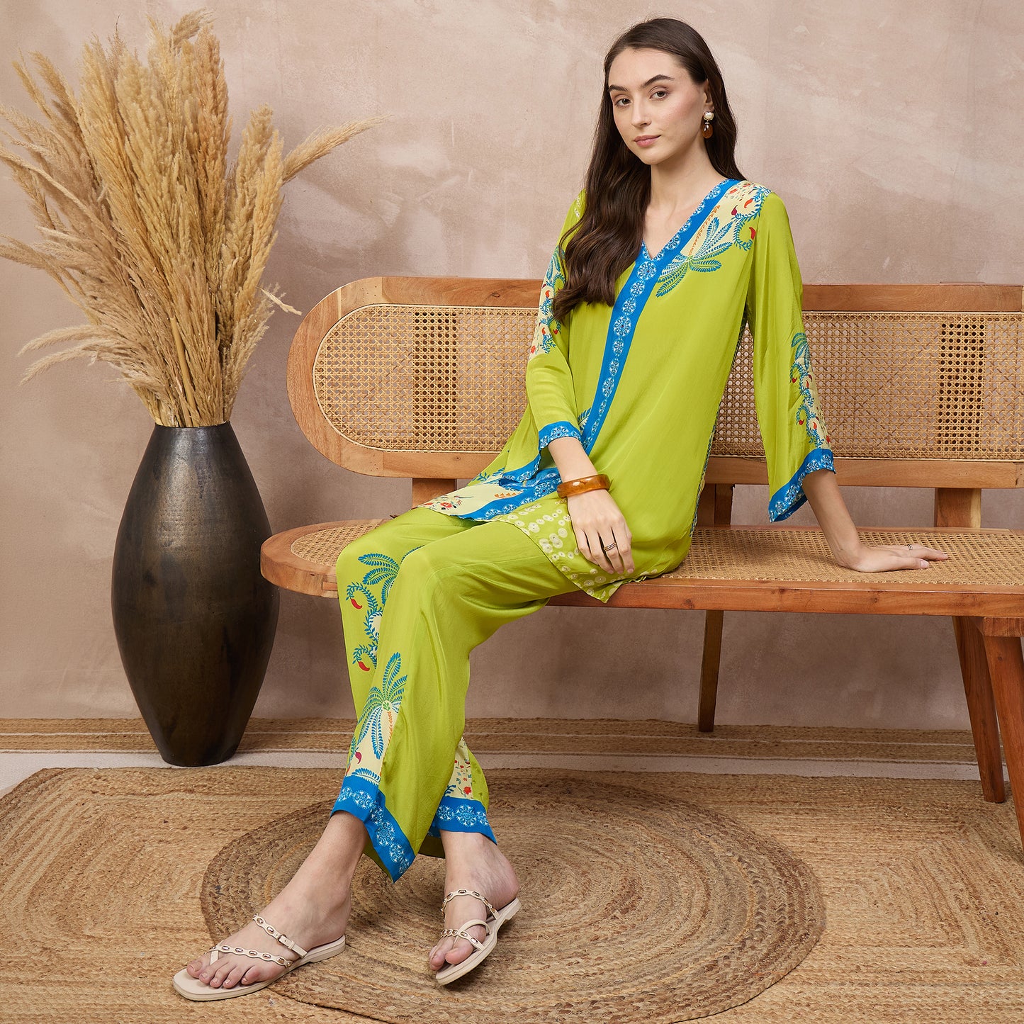 Lime Green Floral Print Top for Women – Viscose Crepe – Close Up | First Resort by Ramola Bachchan