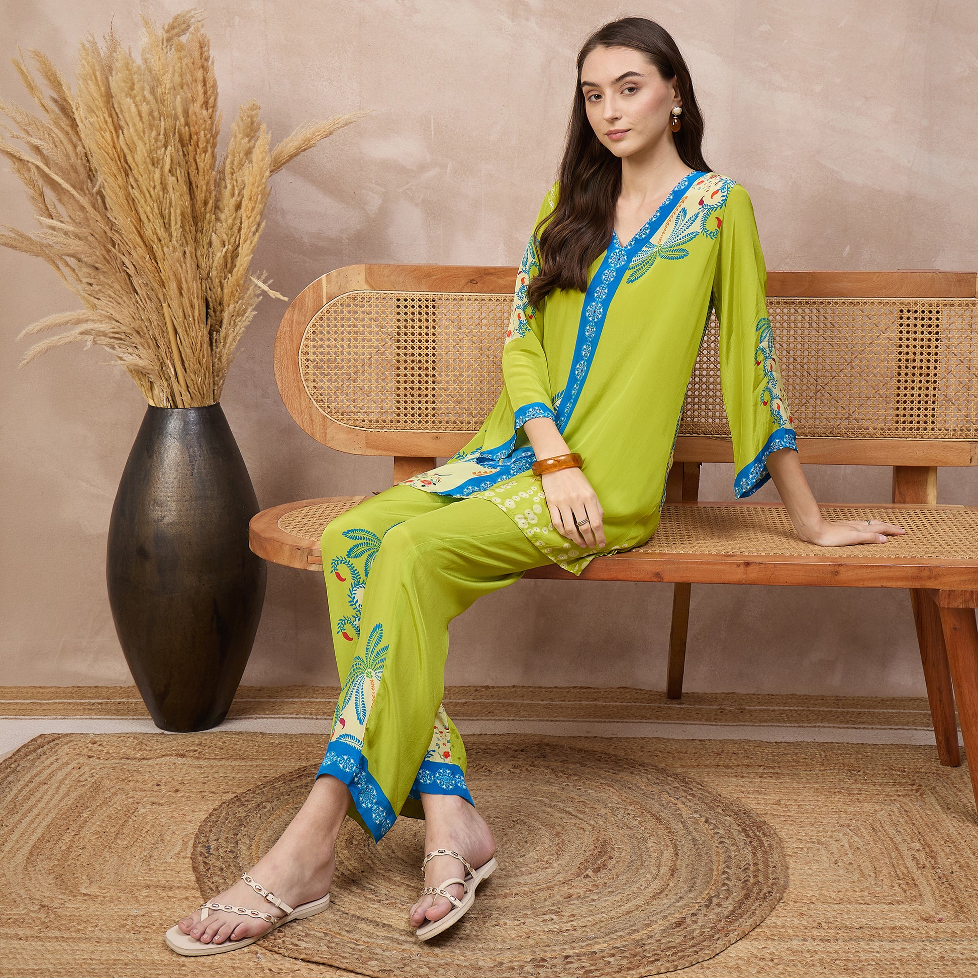 Lime Green Floral Print Top for Women – Viscose Crepe – Close Up | First Resort by Ramola Bachchan