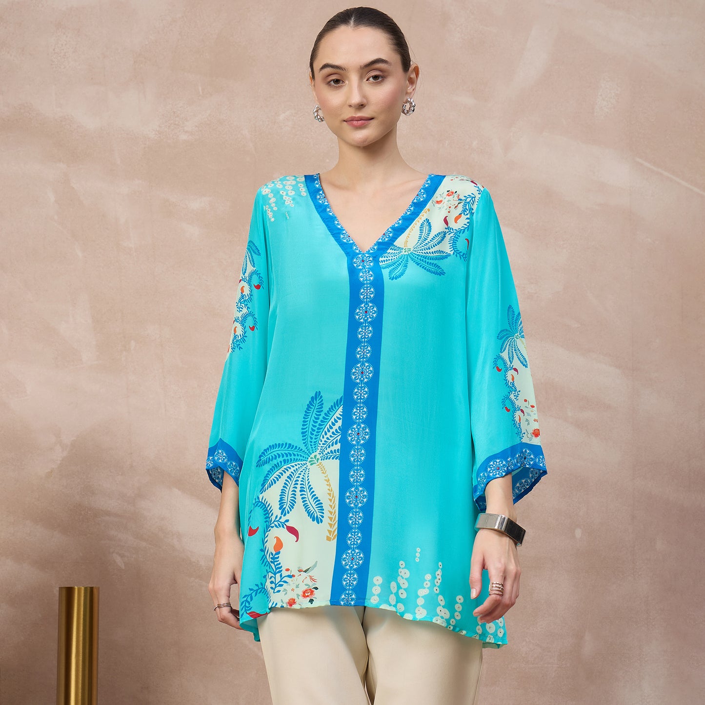 Sky Blue Floral Print Top for Women – Viscose Crepe | First Resort by Ramola Bachchan