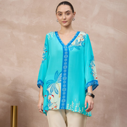 Sky Blue Floral Print Top for Women – Viscose Crepe | First Resort by Ramola Bachchan