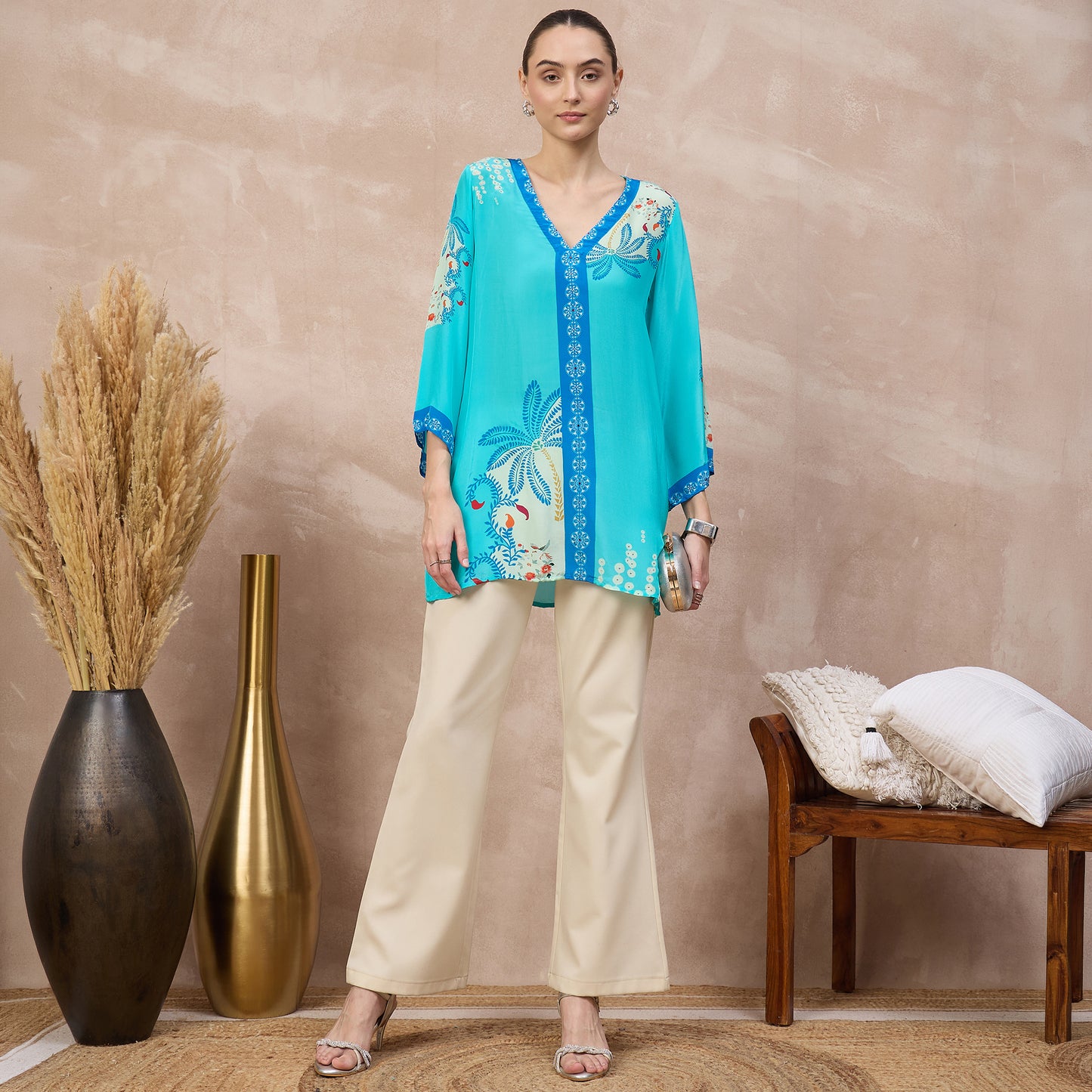 Sky Blue Floral Print Top for Women – Viscose Crepe – Front View | First Resort by Ramola Bachchan