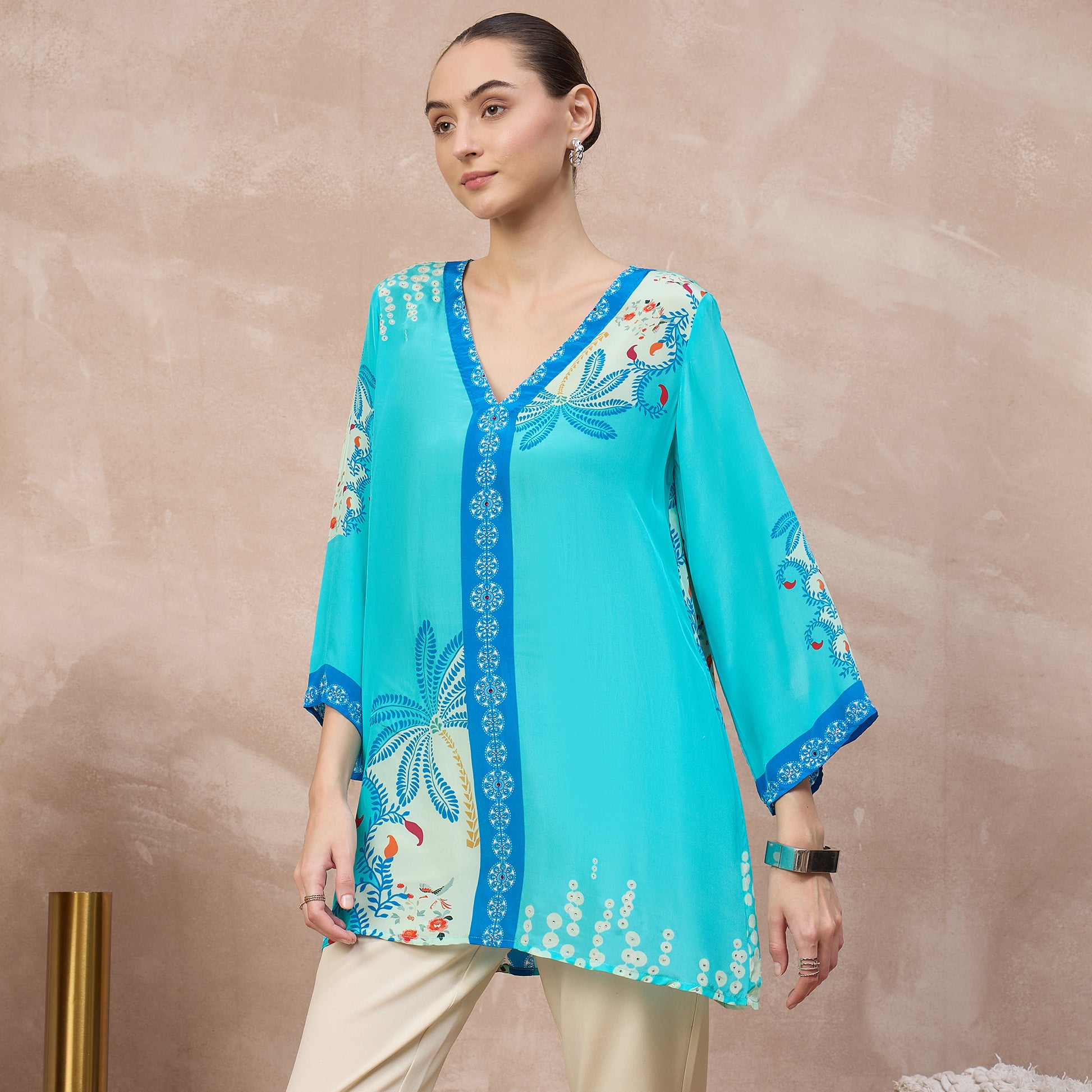 Sky Blue Floral Print Top for Women – Viscose Crepe – Model View | First Resort by Ramola Bachchan