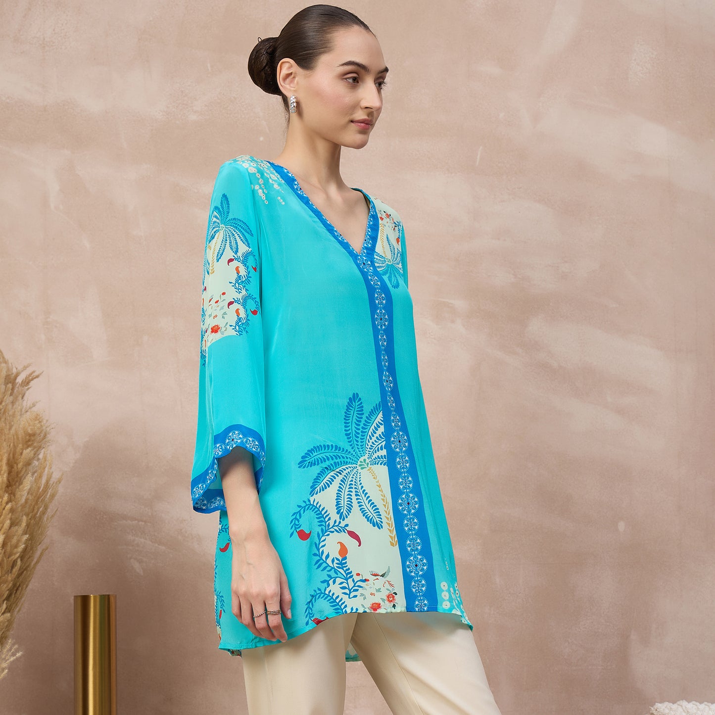 Sky Blue Floral Print Top for Women – Viscose Crepe – Side View | First Resort by Ramola Bachchan