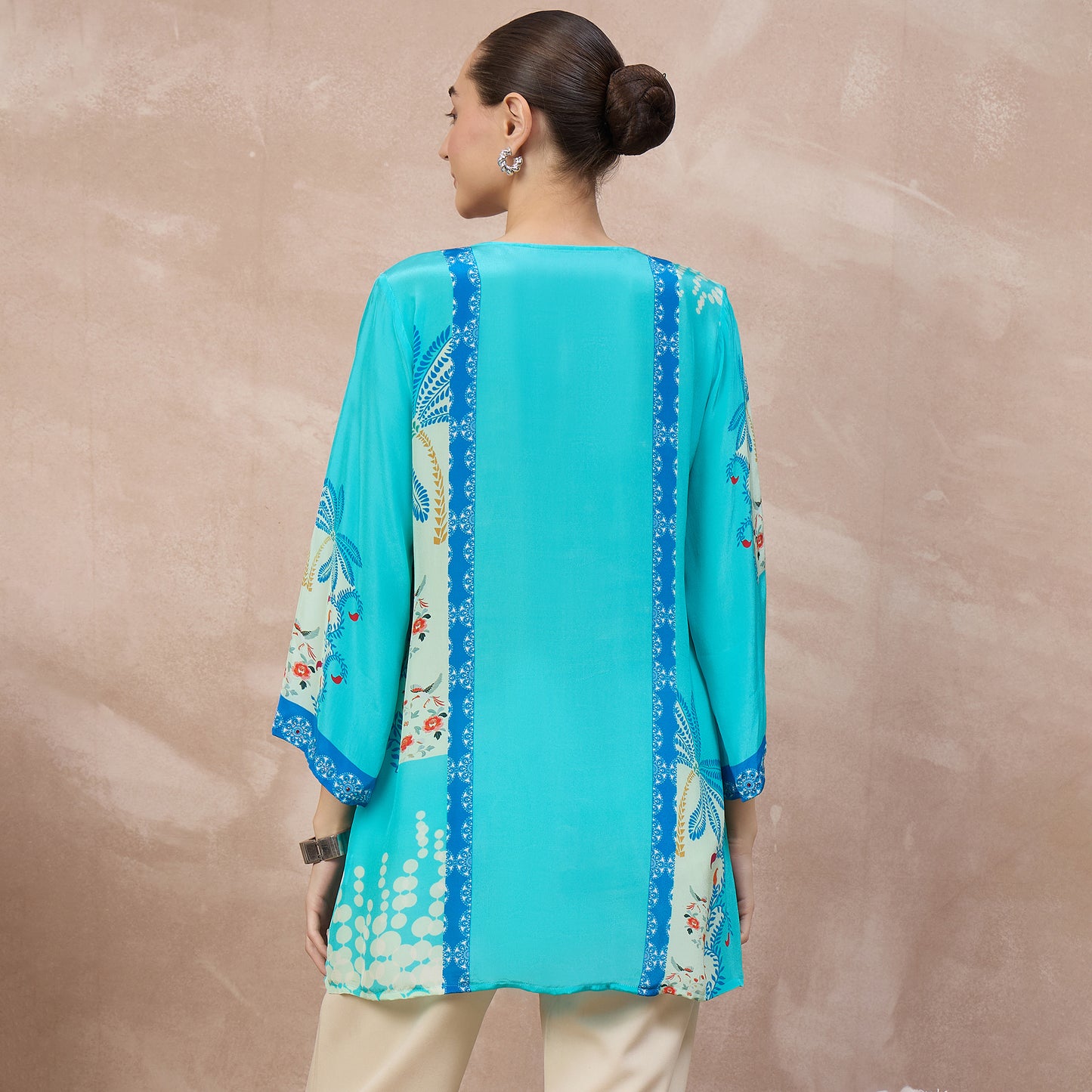 Sky Blue Floral Print Top for Women – Viscose Crepe – Detail View | First Resort by Ramola Bachchan