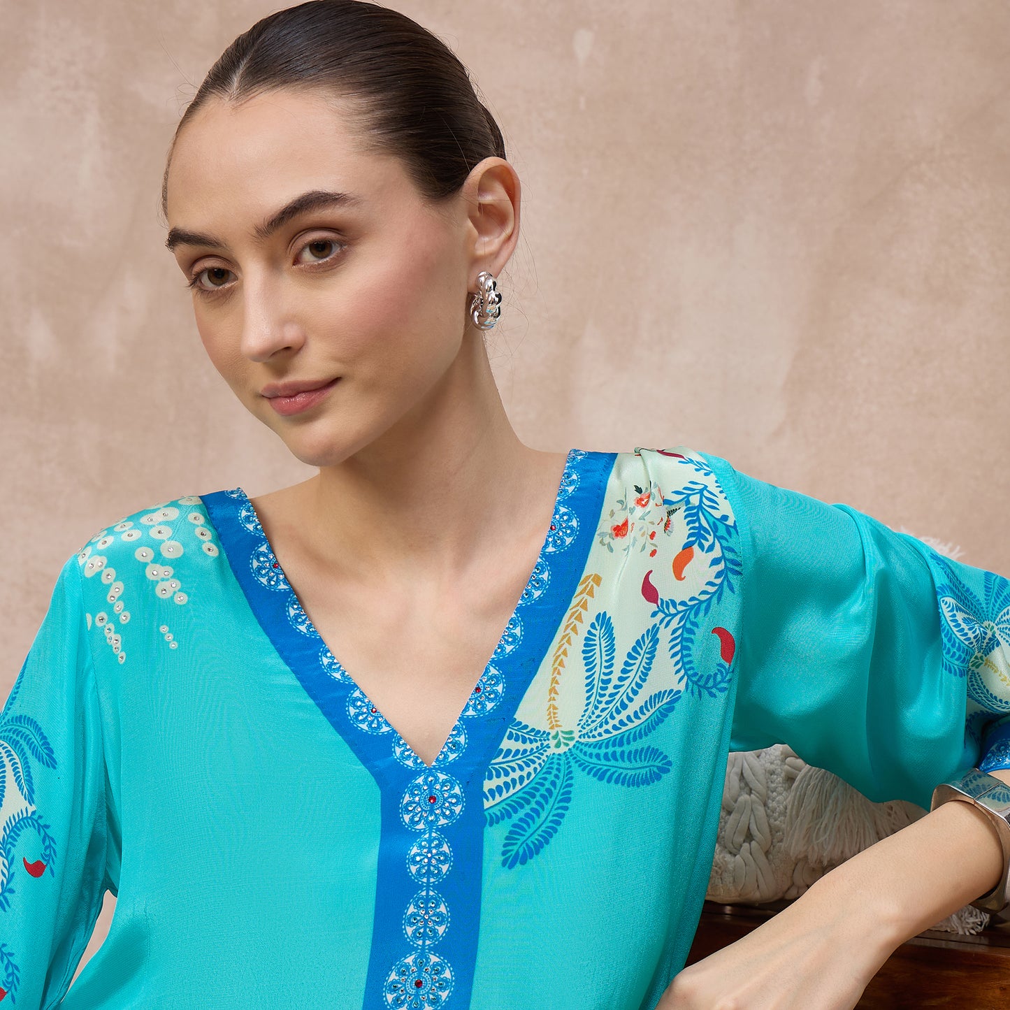 Sky Blue Floral Print Top for Women – Viscose Crepe – Back View | First Resort by Ramola Bachchan