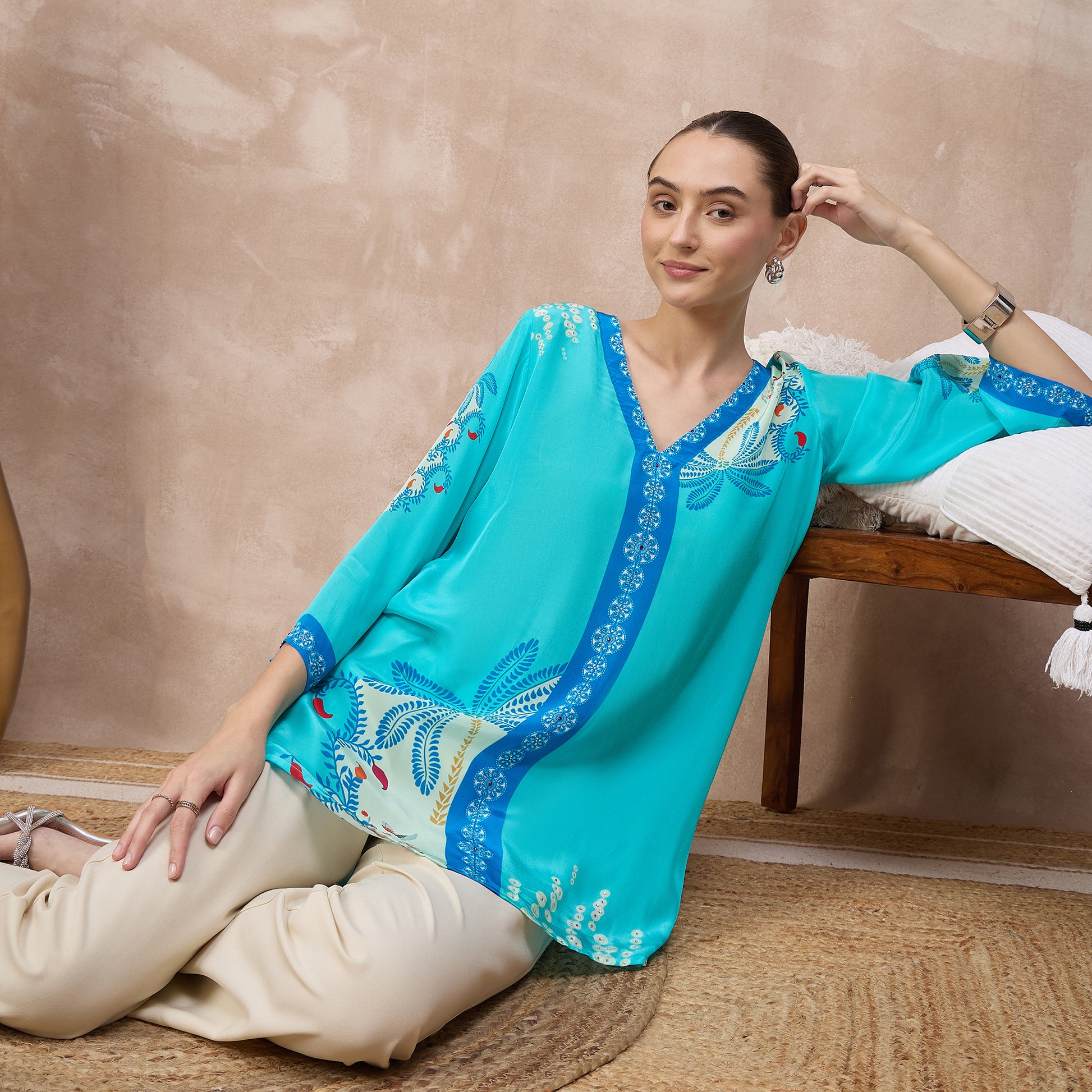 Sky Blue Floral Print Top for Women – Viscose Crepe – Close Up | First Resort by Ramola Bachchan