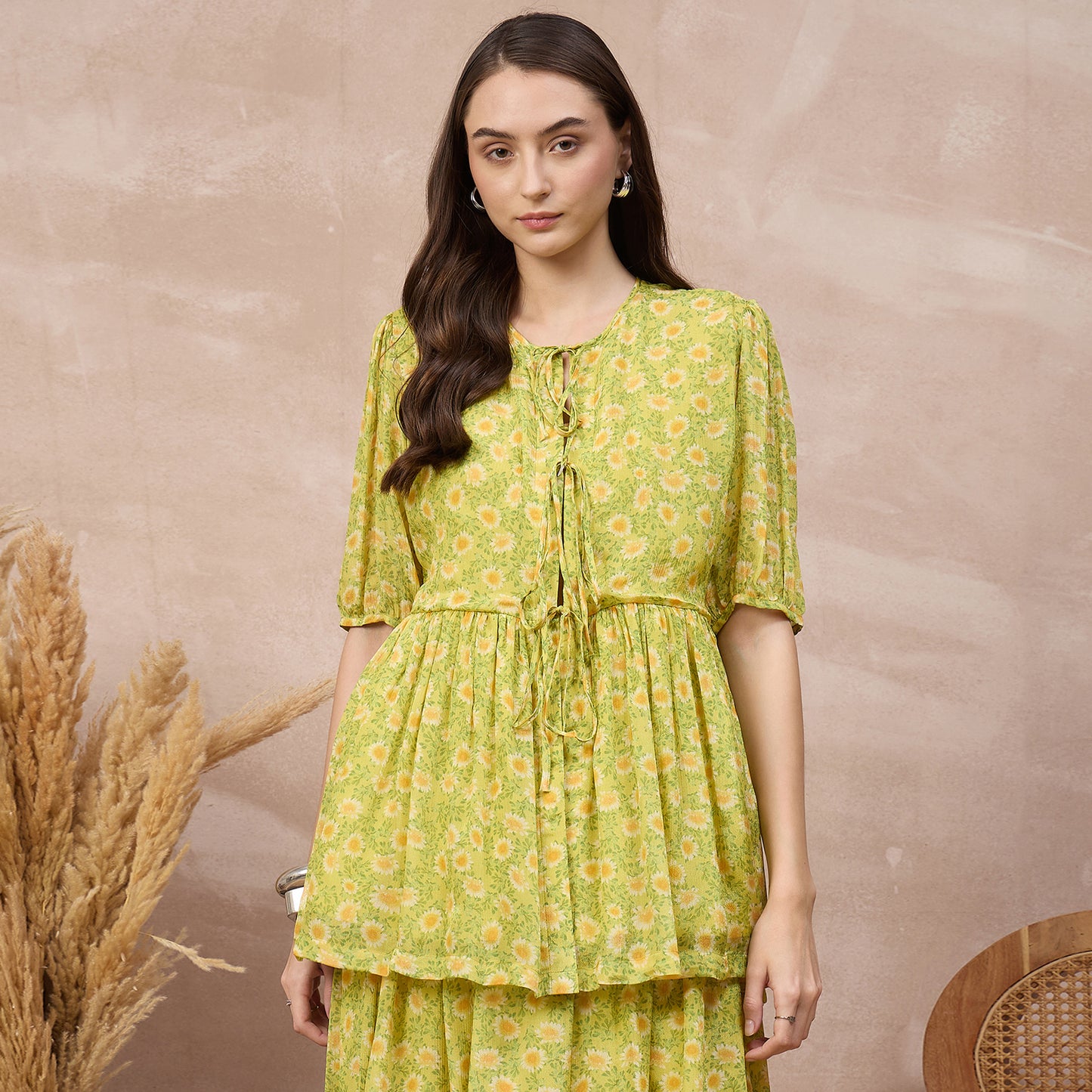 Lemon Yellow Floral Print Top for Women – Viscose Chinon Chiffon | First Resort by Ramola Bachchan