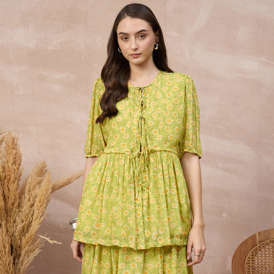 Lemon Yellow Floral Print Top for Women – Viscose Chinon Chiffon | First Resort by Ramola Bachchan
