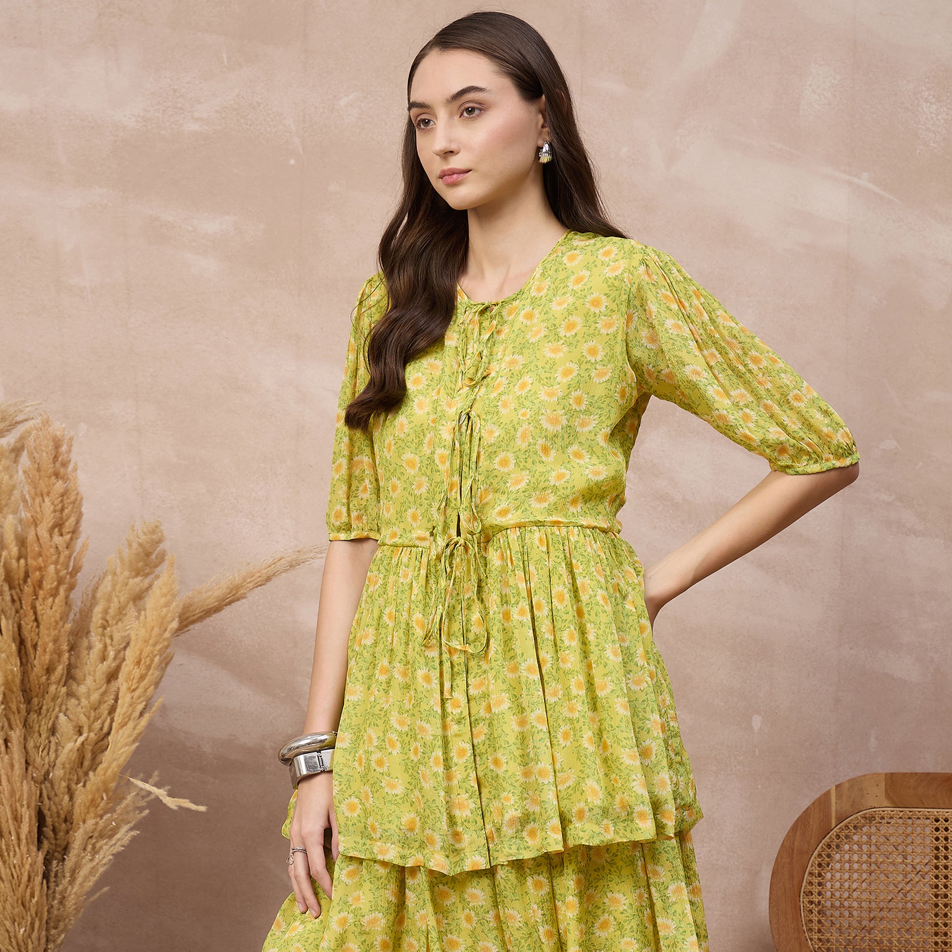 Lemon Yellow Floral Print Top for Women – Viscose Chinon Chiffon – Model View | First Resort by Ramola Bachchan