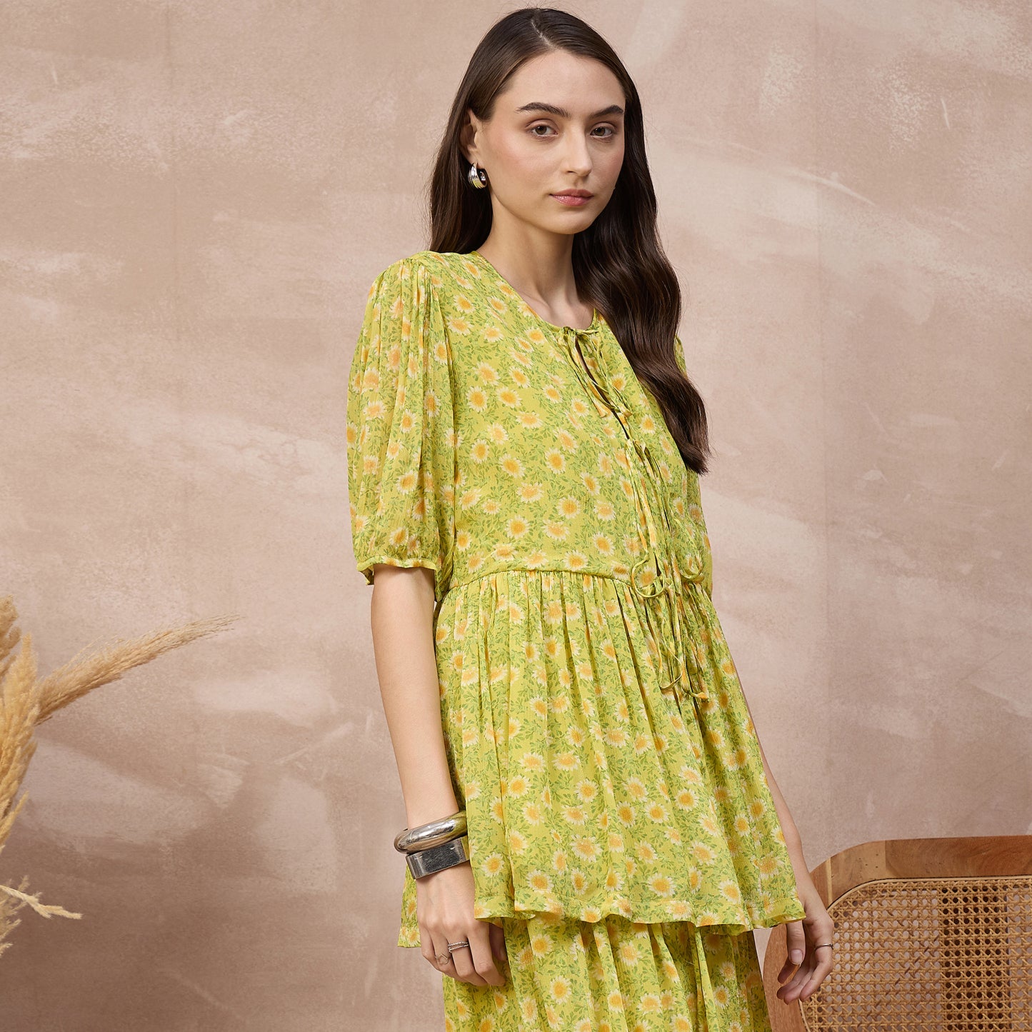 Lemon Yellow Floral Print Top for Women – Viscose Chinon Chiffon – Side View | First Resort by Ramola Bachchan