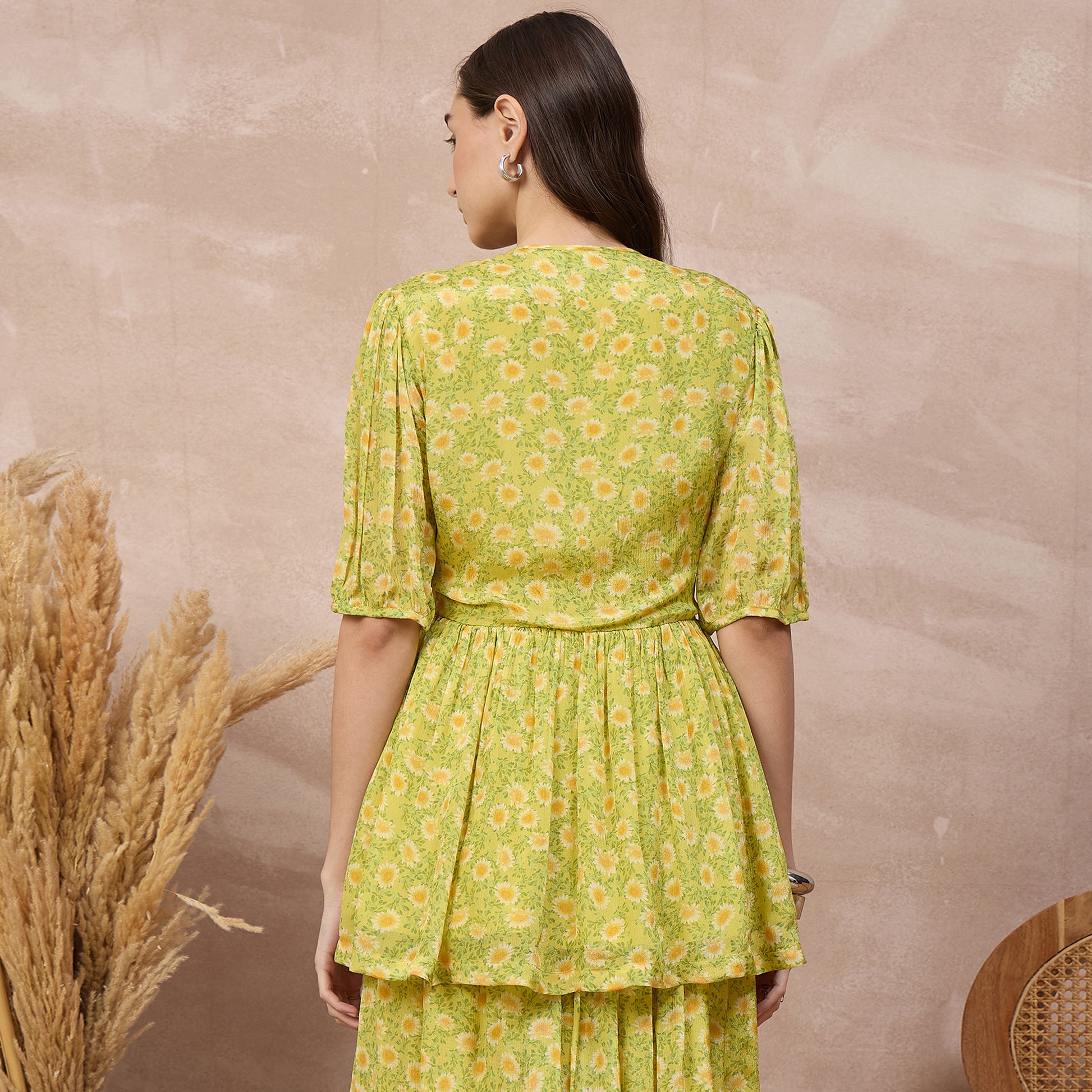 Lemon Yellow Floral Print Top for Women – Viscose Chinon Chiffon – Detail View | First Resort by Ramola Bachchan