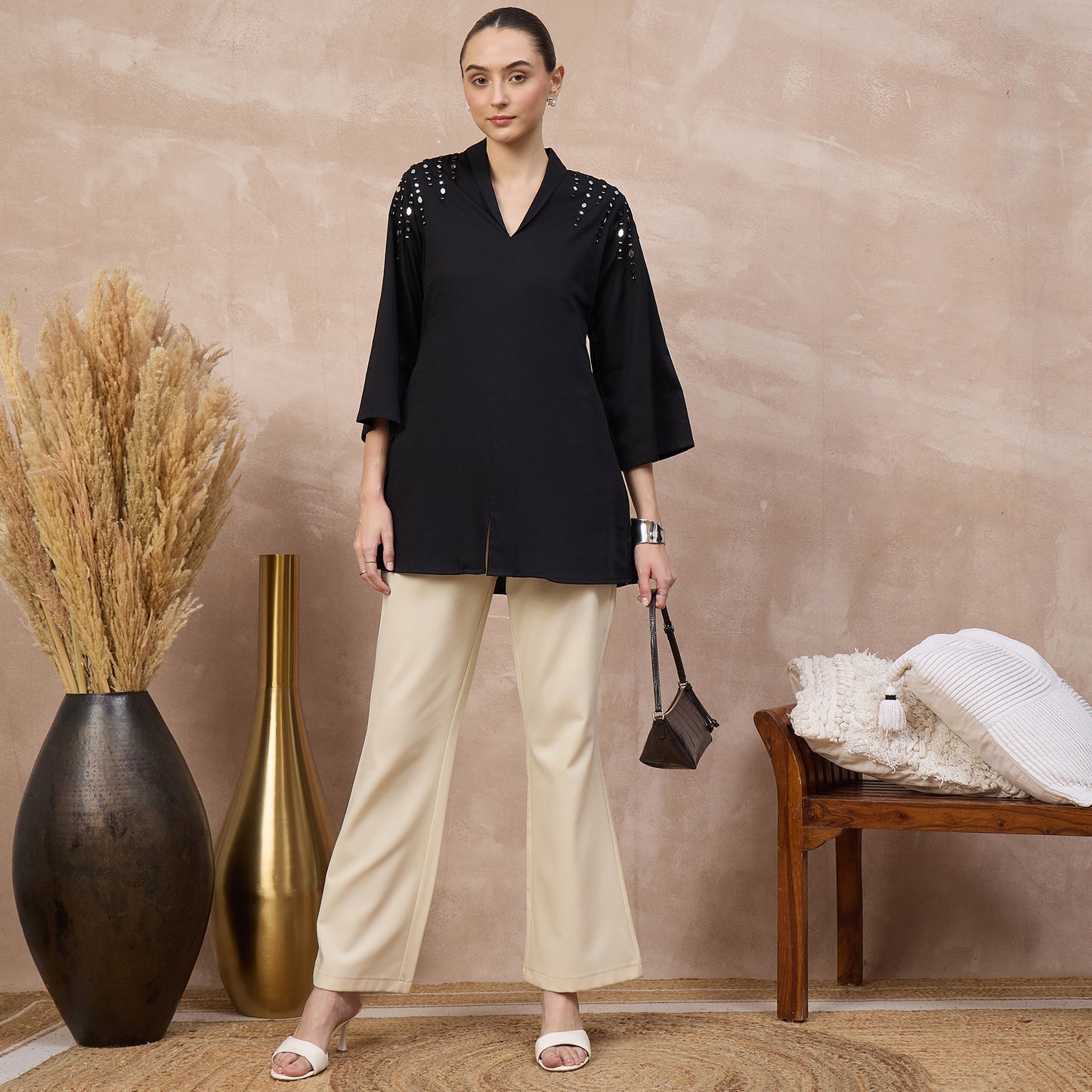 Black Top for Women – Cotton Satin – Front View | First Resort by Ramola Bachchan