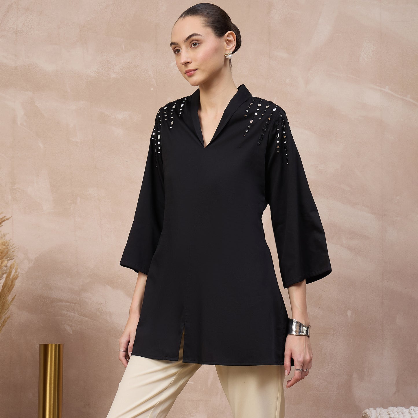 Black Top for Women – Cotton Satin – Model View | First Resort by Ramola Bachchan