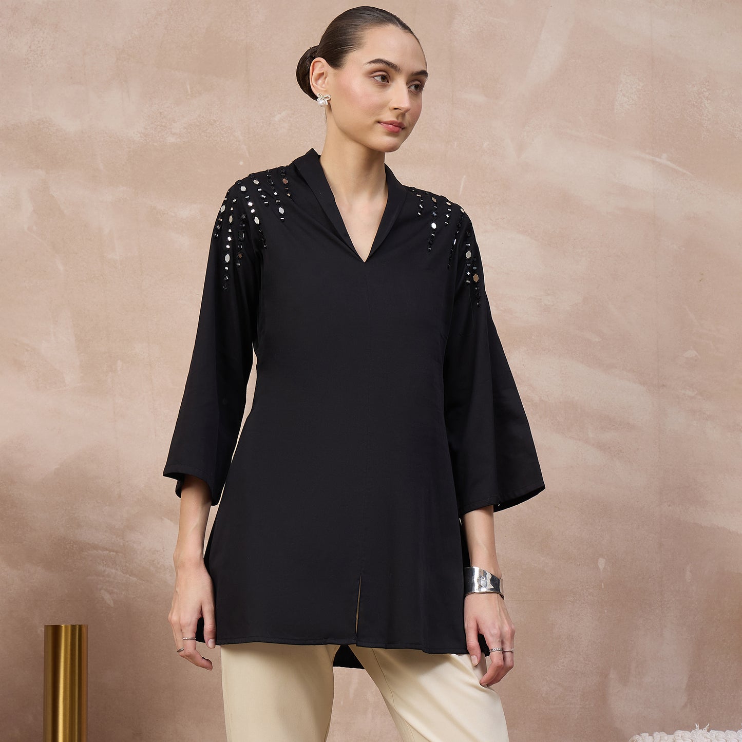 Black Top for Women – Cotton Satin – Side View | First Resort by Ramola Bachchan