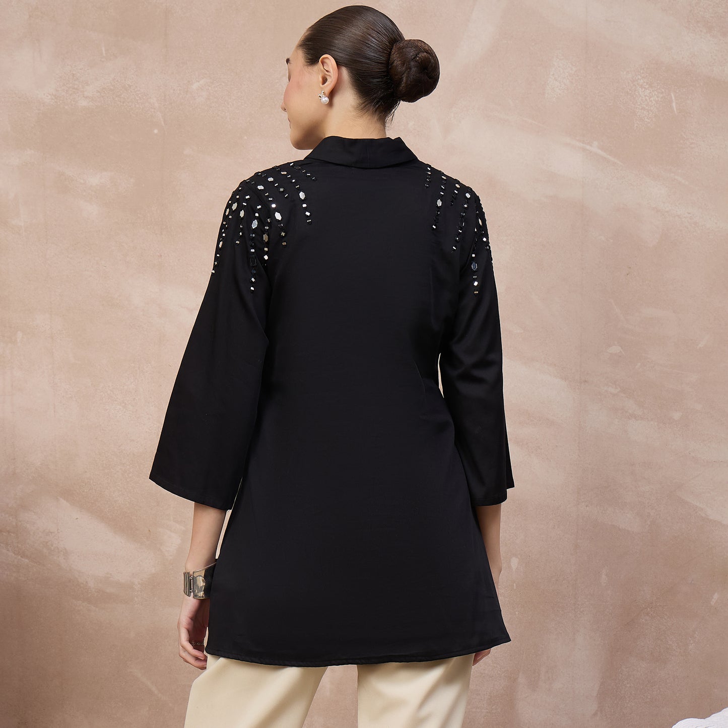Black Top for Women – Cotton Satin – Detail View | First Resort by Ramola Bachchan