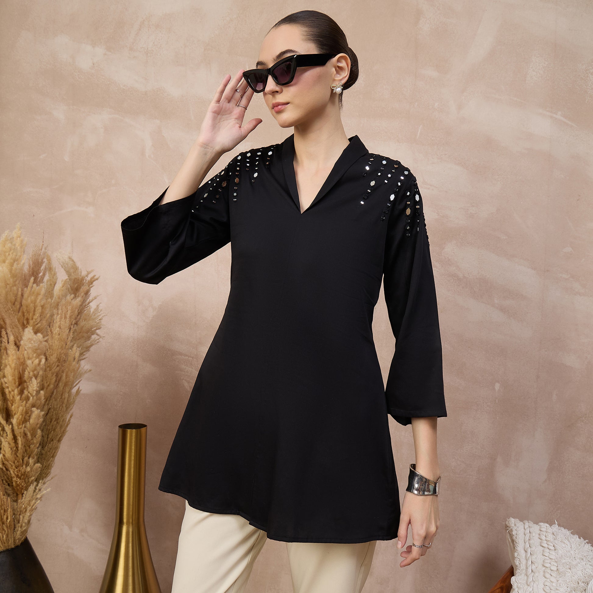 Black Top for Women – Cotton Satin – Close Up | First Resort by Ramola Bachchan