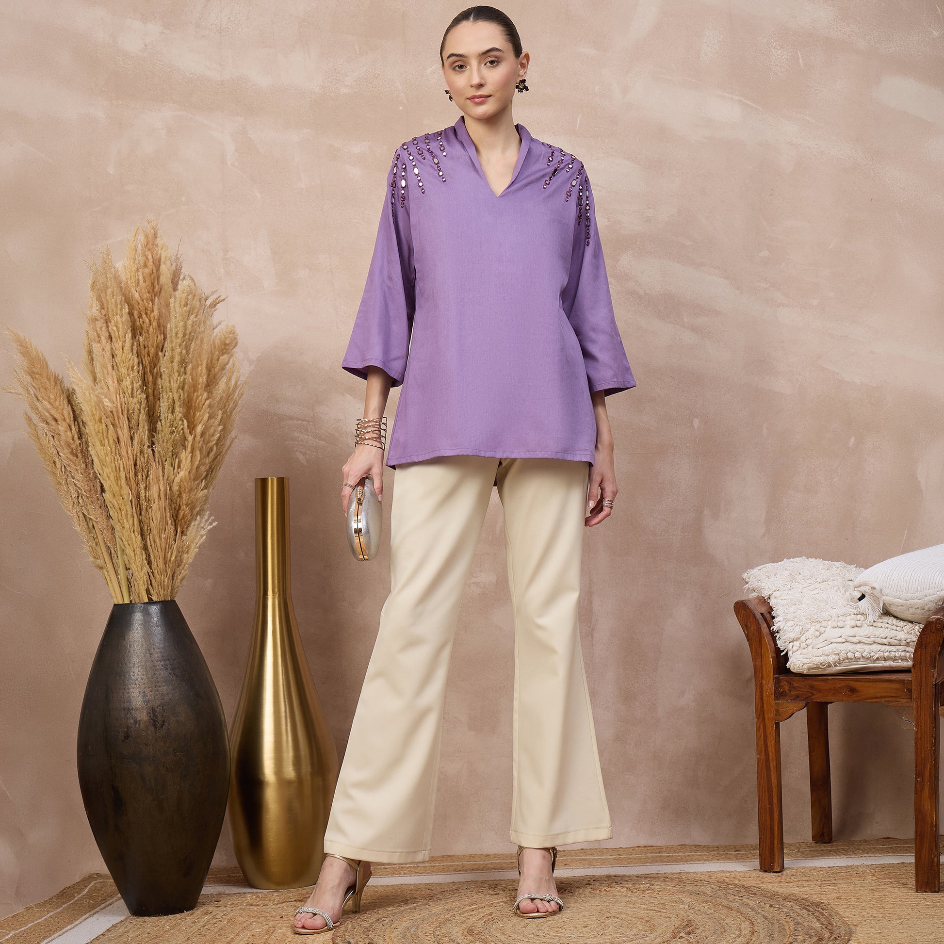 Lilac Top for Women – Cotton Satin – Front View | First Resort by Ramola Bachchan