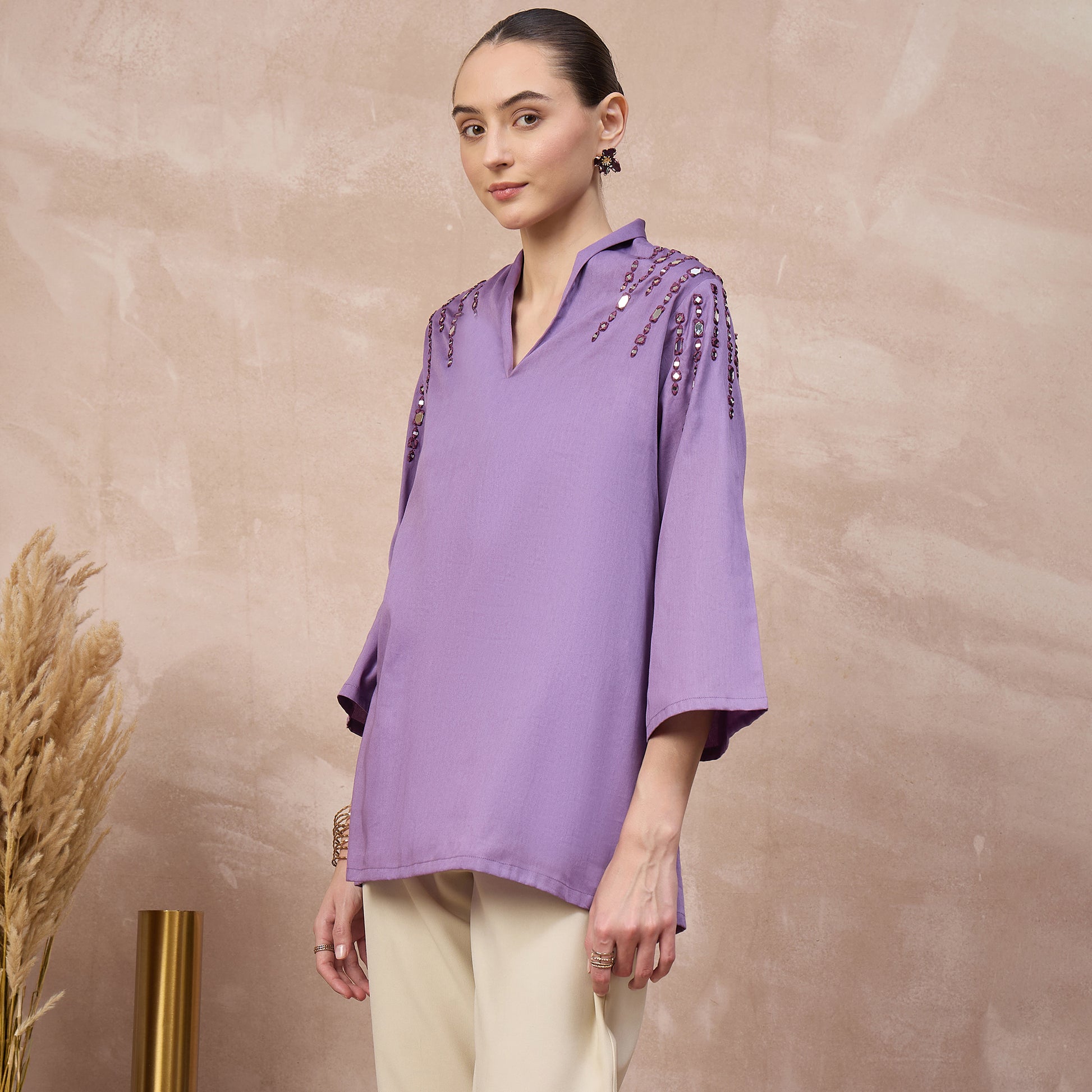 Lilac Top for Women – Cotton Satin – Model View | First Resort by Ramola Bachchan